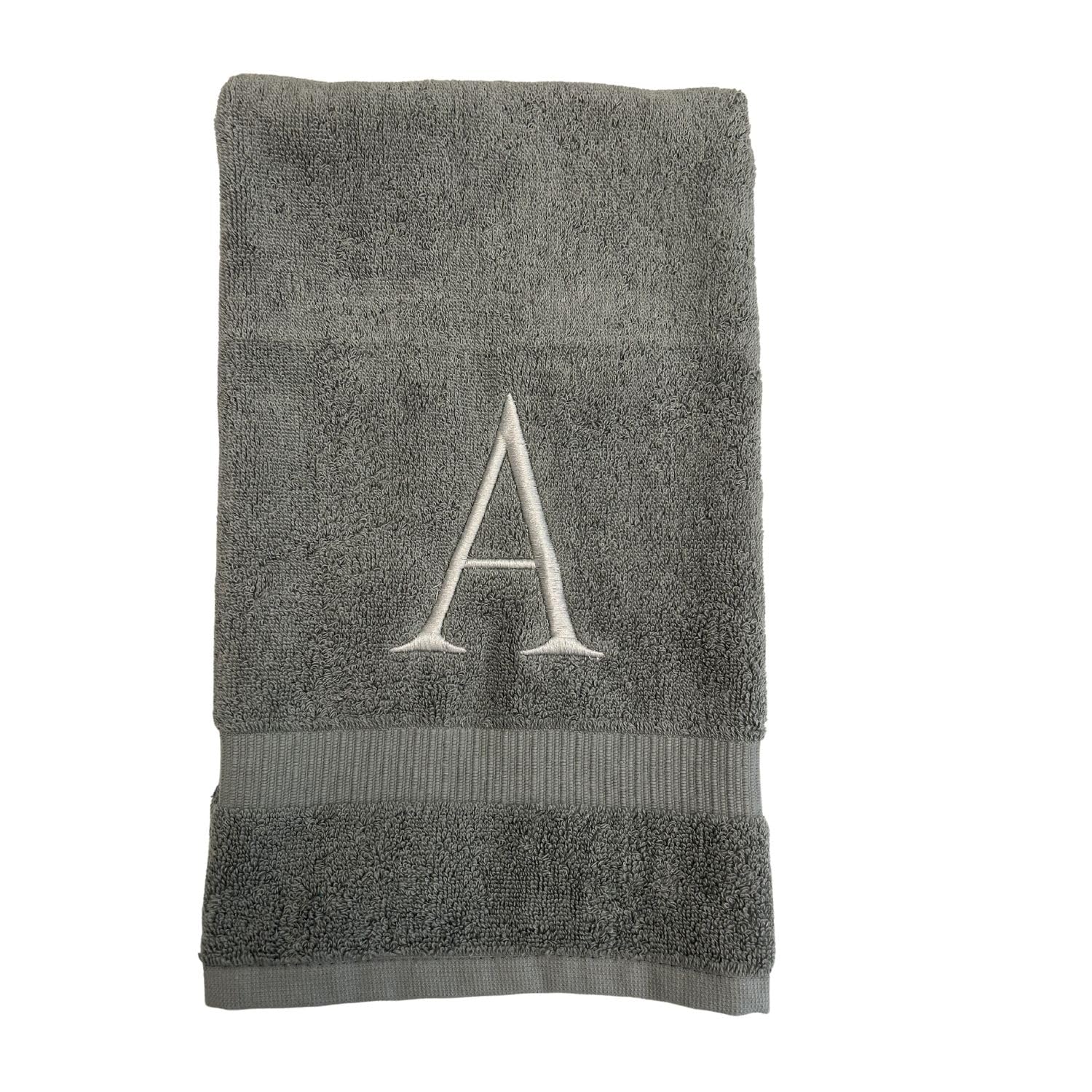 Toalla de mano gris con inicial para baño, toalla bordada decorativa con monograma de calidad de hotel para tocador, spa, certificado orgánico GOTS, juego de 2 letras plateadas V