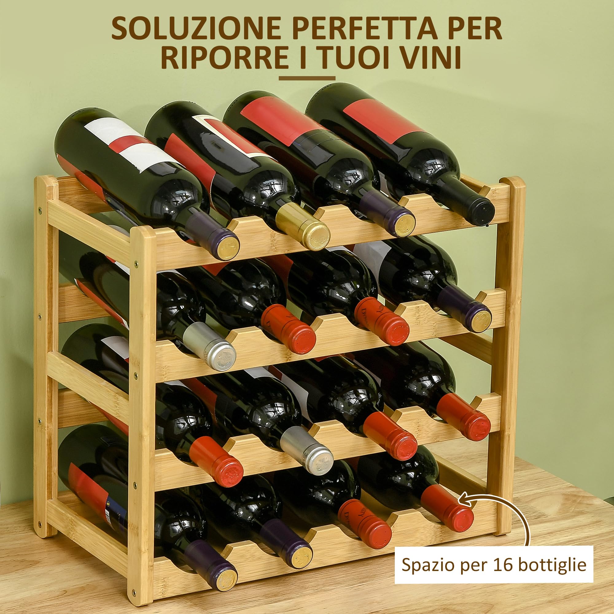 HOMCOM Scaffale Portabottiglie Vino a 4 Livelli per 16 Bottiglie, Cantinetta in Bambù per Cucina e Soggiorno, 43x23.5x38cm