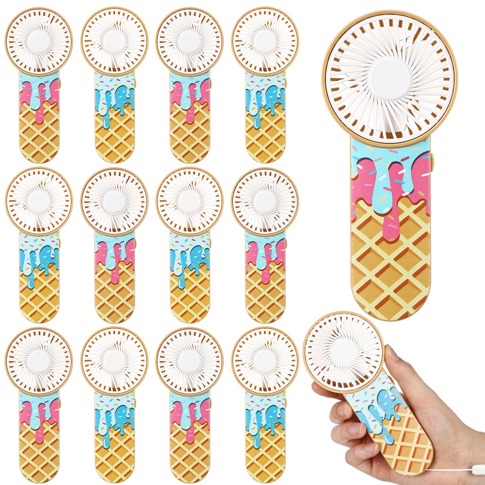 Honoson 12 Pcs Baseball Mini Fans Ice Cream Waffle Drip with Lanyard | Portable Handheld for Team Gifts, Outdoor Sports Events, Game Day Parties, Battery Operated Drip Style Bulk Favors