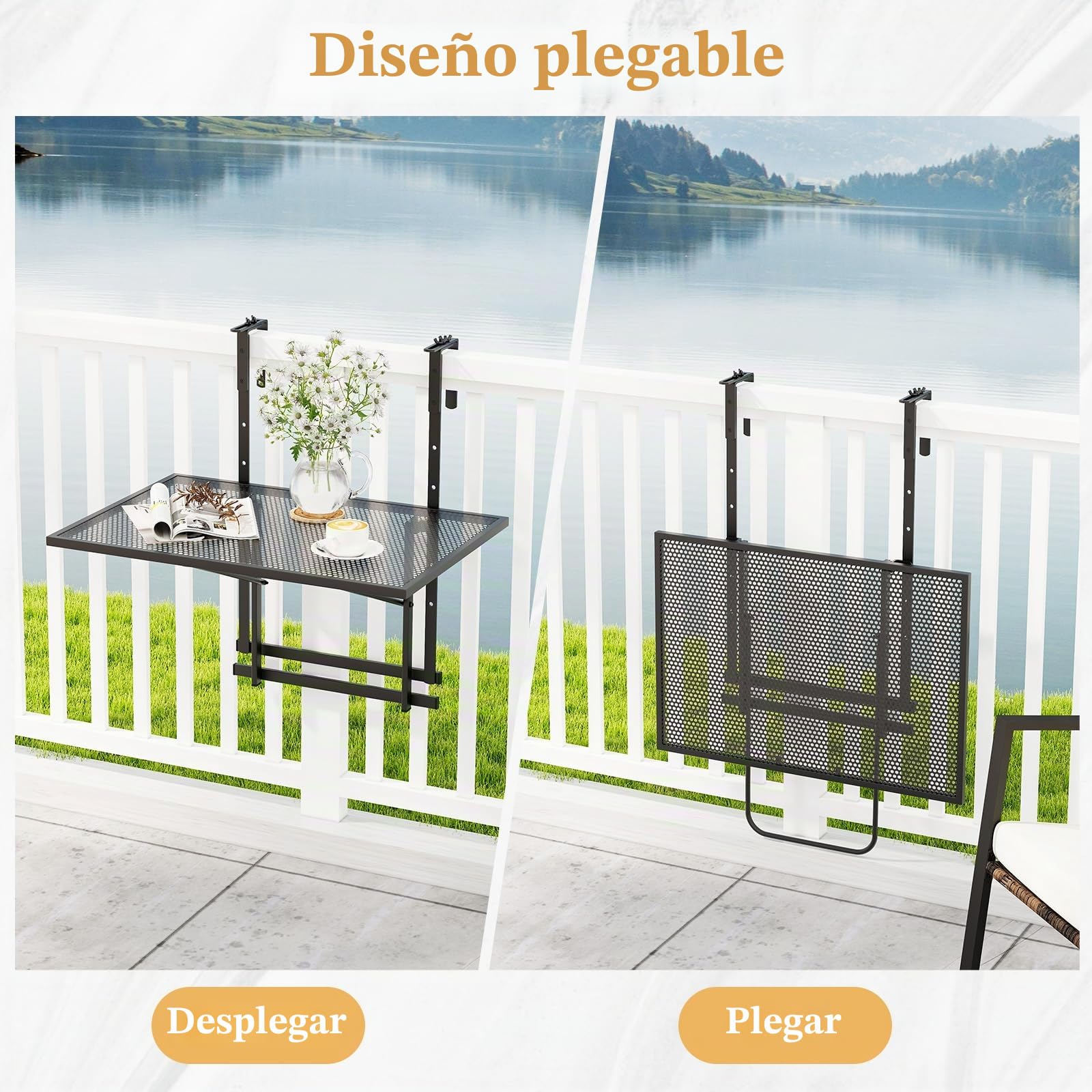 GIANTEX Mesa de Balcón Plegable, Mesa Auxiliar Metálica para Barandilla | 60,5x40,5x82,5cm, Mesita con 5 Alturas Ajustables, Marco de Metal, Tablero de Malla, para Terraza