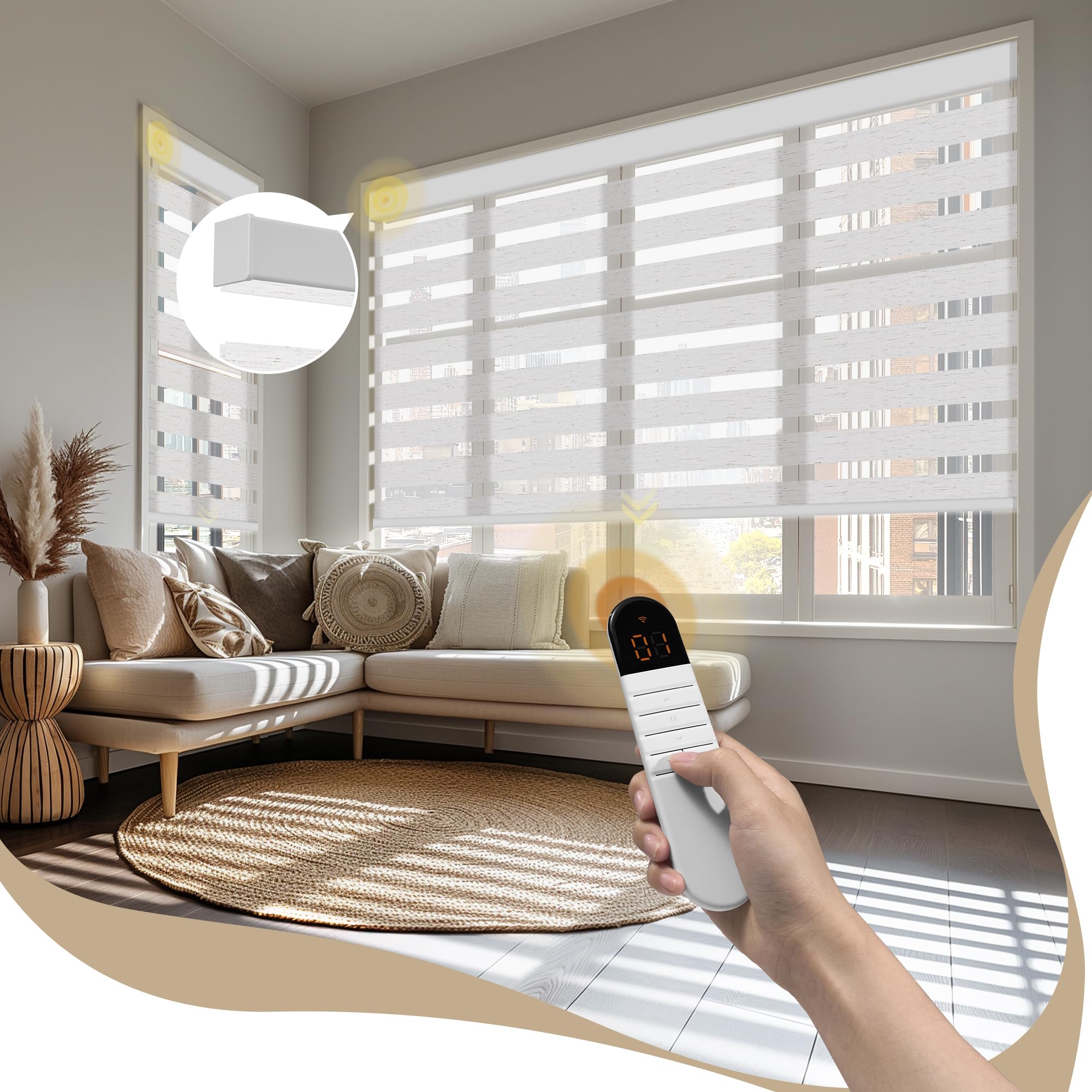 Motorized Zebra Blinds with Remote, APP,Control - 50% Blackout Spun White