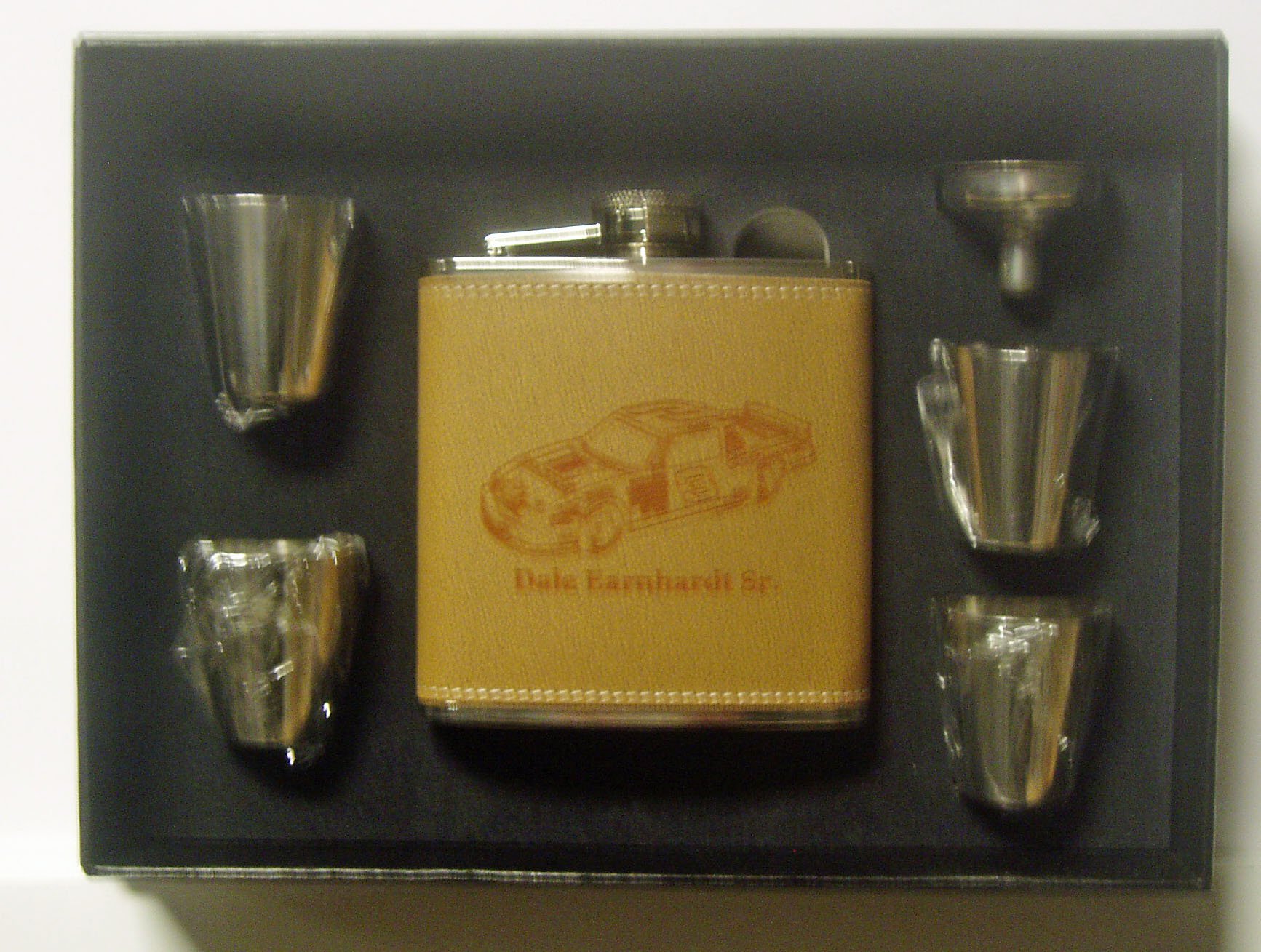 Dale Earnhardt Sr leather engraved 6 oz stainless steel flask with 4 stainless steel shot glasses and a funnel in a black presentation box