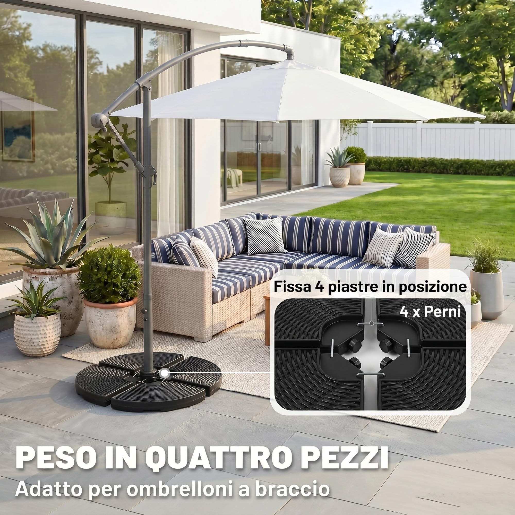 Outsunny Base per Ombrellone a Braccio da 4 Pezzi in HDPE Riempibili con Acqua e Sabbia, Ø100x8 cm, Nero
