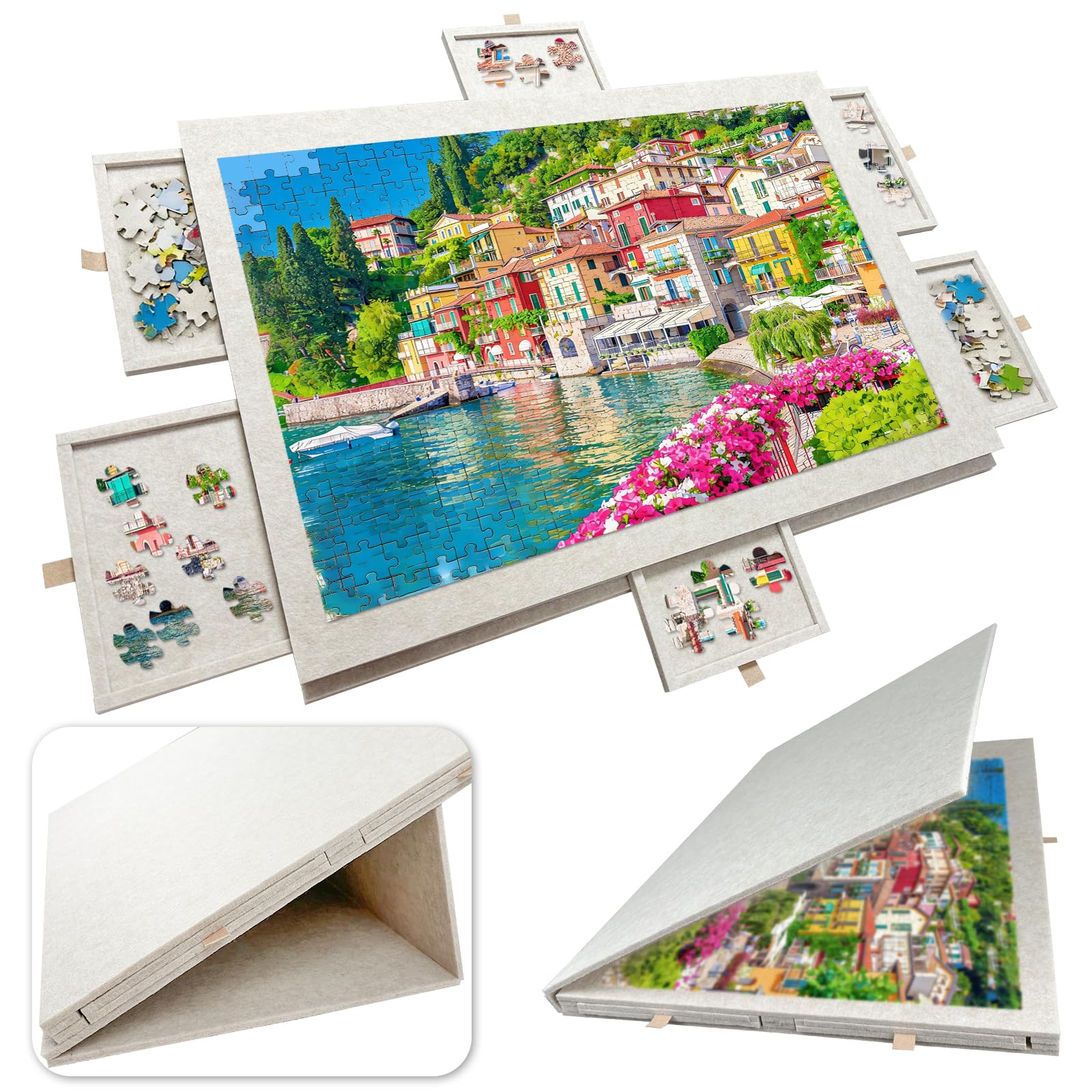 KEAGAN Felt Jigsaw Puzzle Board for 1000 PCS, Portable Puzzle Table with 6 Sorting Drawers, Foldable Puzzle Storage Tilting Jigsaw Puzzle Board with Non-Slip Surface & Protective Cover