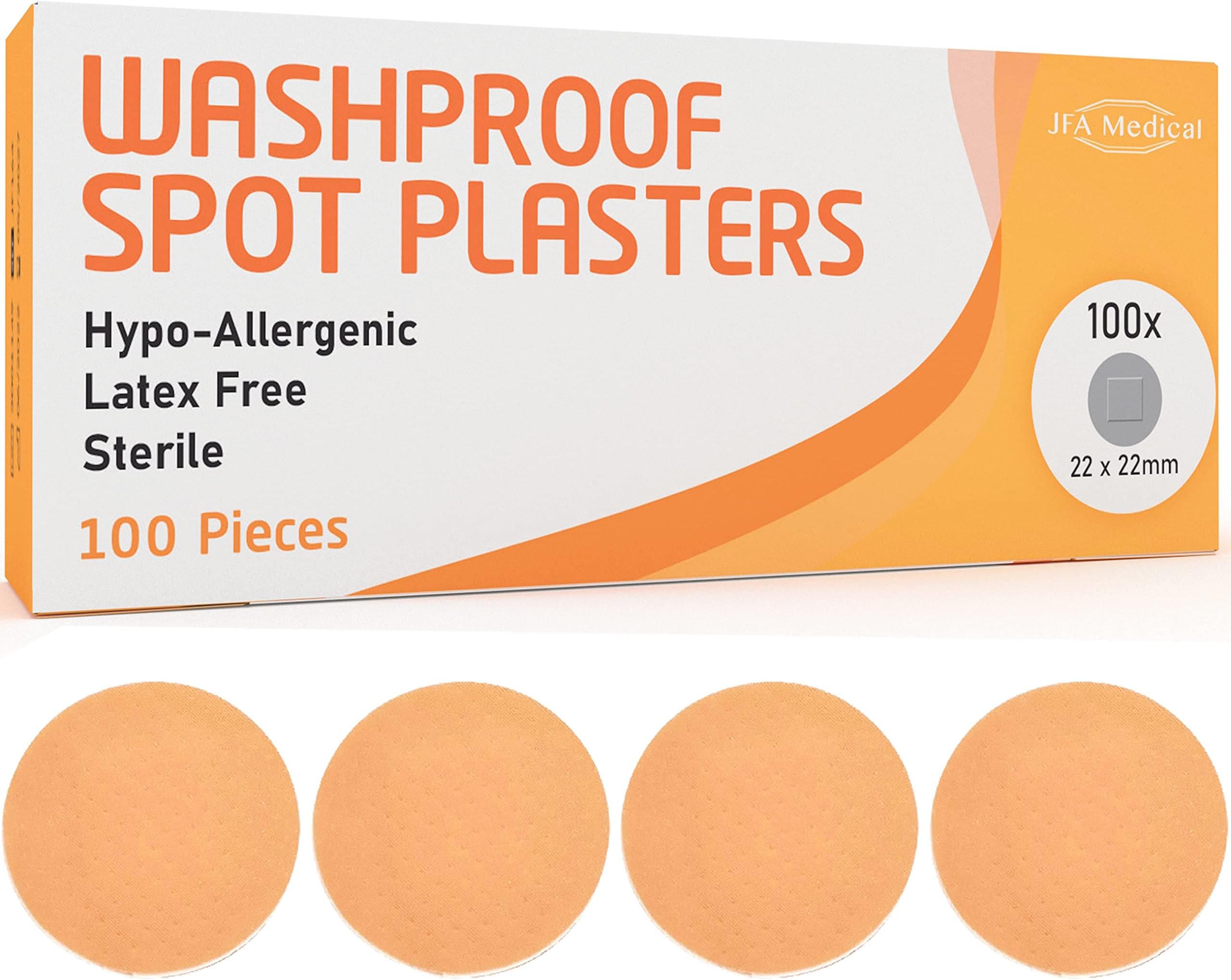 JFA Medical Washproof Spot Plasters 22 x 22mm 100 Plasters Per Box