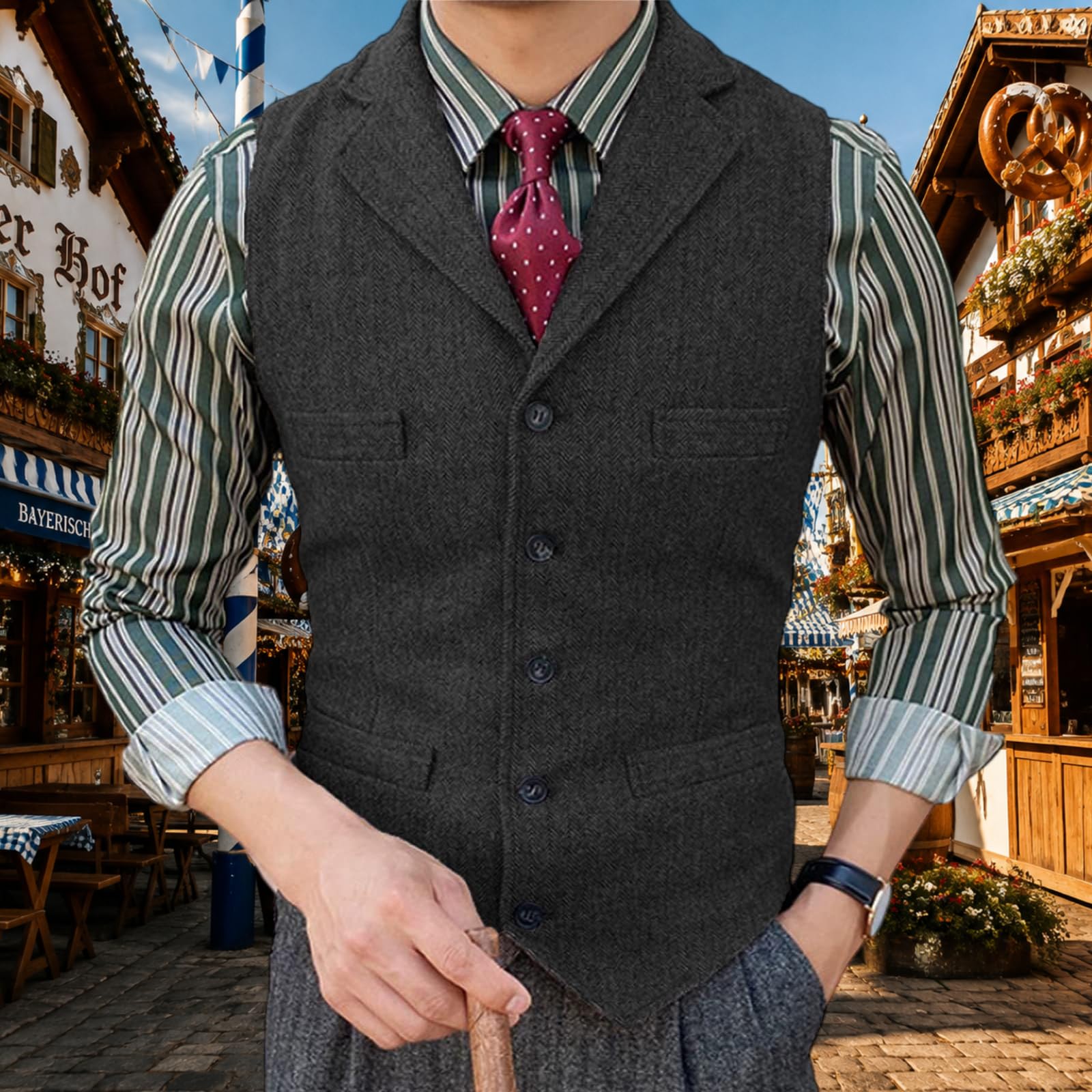 Generico Gilet Da Uomo In Tweed, Vintage, Con Revers, 5 Bottoni, Tasca, Classico, Casual, A Spina Di Pesce, Ideale Per Matrimoni, Feste E Oktoberfest.