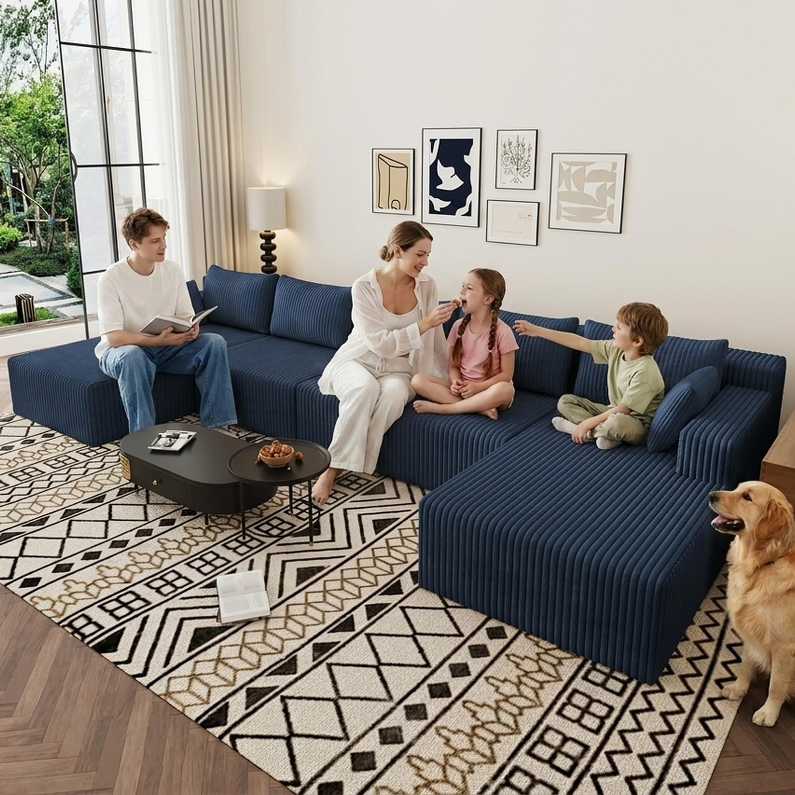 160" U-Shape Cloud Couch, Modern Modular Sectional U-Shape Sofa, Corduroy Boneless Couch Upholstered Couches Deep Seat Sleeper Chaise Longue for Living Room, No Assembly Required,Blue