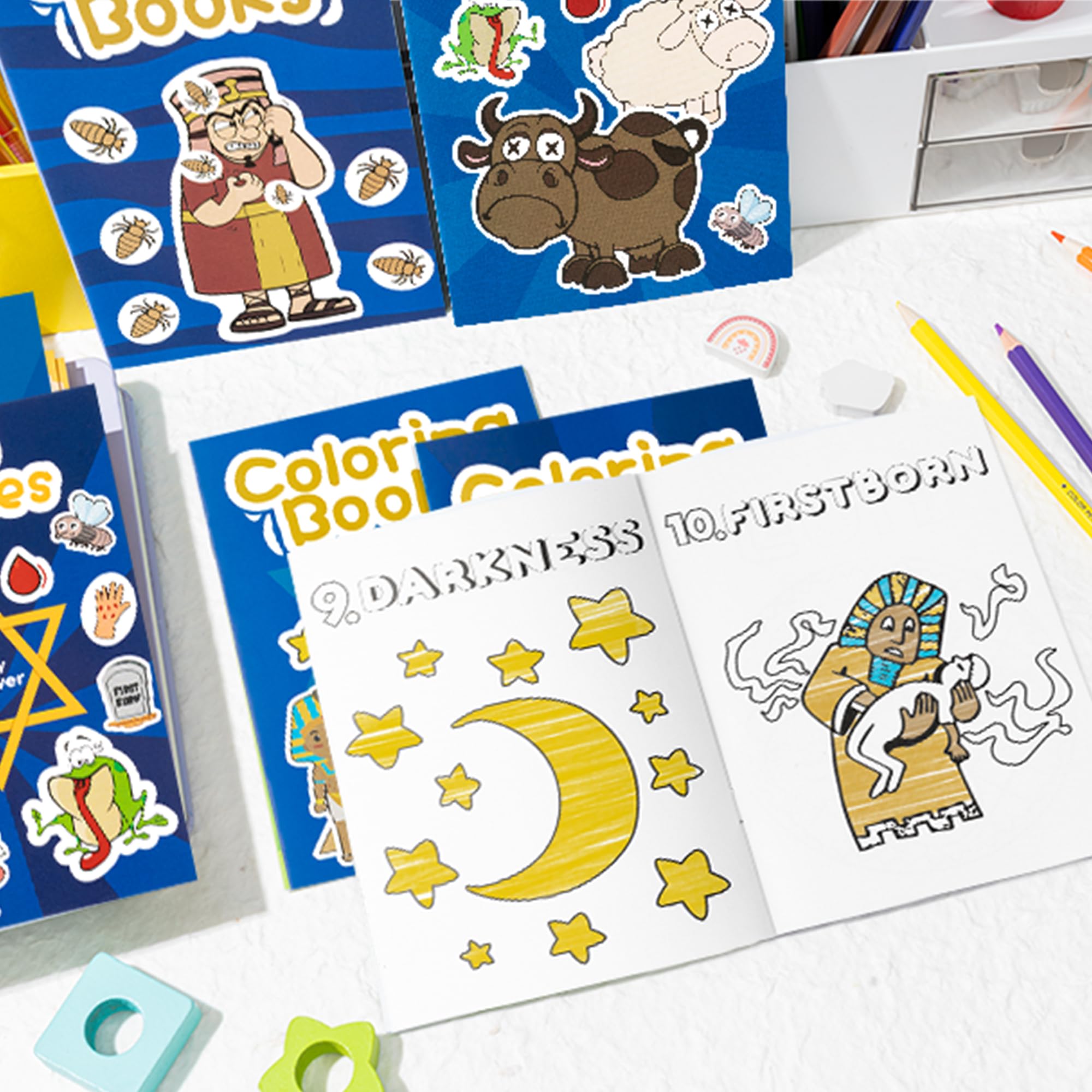 2OOYA 24Pcs Passover Coloring Books for Kids Party Bulk Cartoon Ten Plagues 6-Style DIY Color Page Activity Book Mini Pocket Painting Booklet for Jewish Pesach Seder School Classroom Favor Bag Filler - Image 3