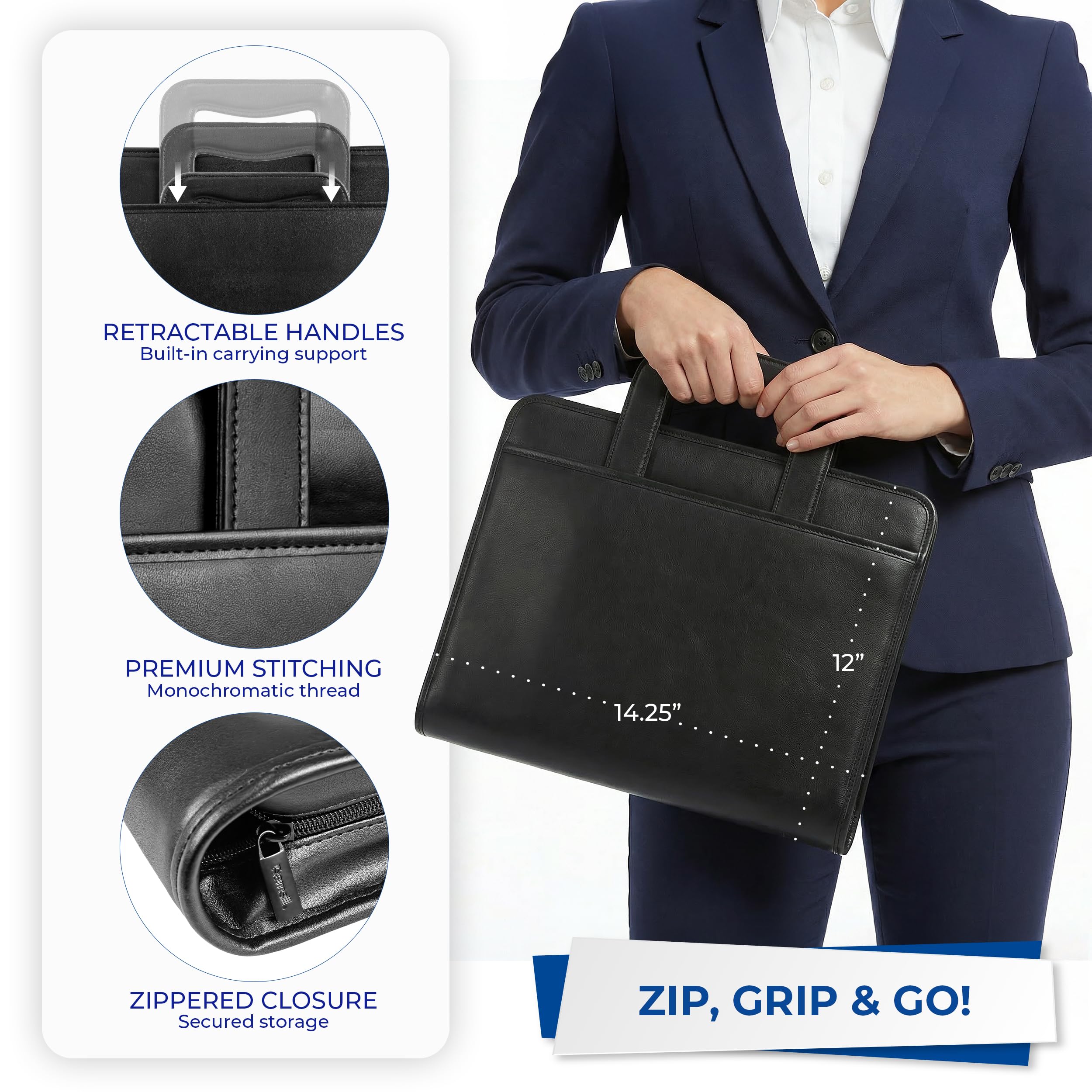 Samsill profesional funda de cartera con cierre de cremallera, tamaño de letra 2 asas, anillas extraíbles, retráctil, bloc de notas, interior Funda para Tablet 10.1 Pulgadas, Negro