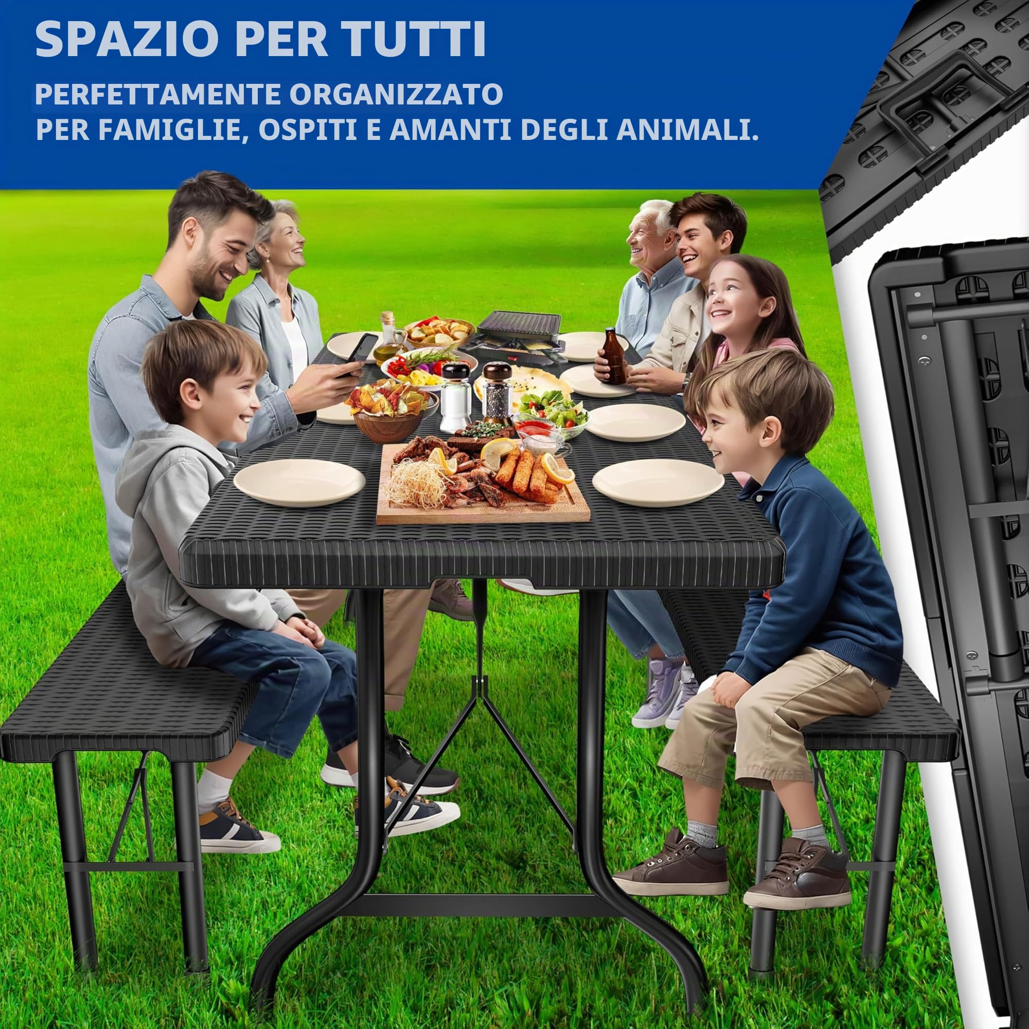 KESSER® Set tenda da birra - Set da 3 pezzi, Tavolo + 2 x Panca, per Interni - Esterni, AxLxP - 73x180x75 cm, Plastica, Set da Giardino in simil Rattan, Pieghevole, Nero
