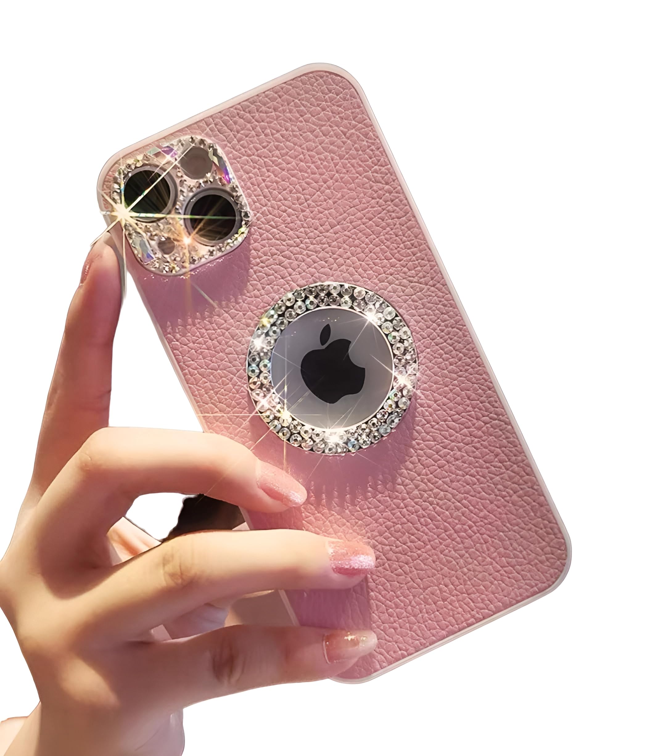 TechWork Phone Cover Case Compatible with iPhone 14 Pro MAX, Pure Leather with Glitter Diamond Camera Protection - Pink
