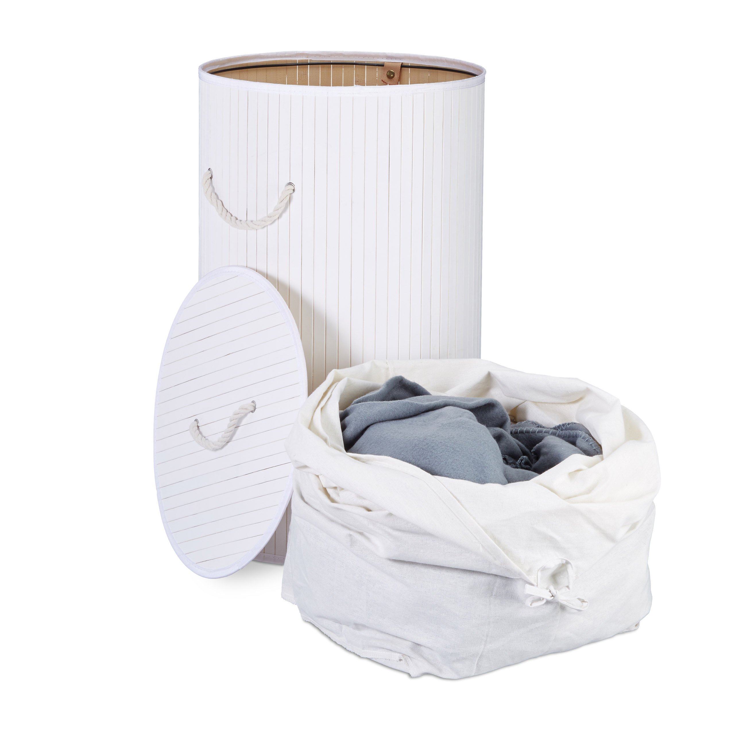 Relaxdays Wäschekorb Bambus, faltbare Wäschetonne mit Deckel, Volumen 70 l, Wäschesack Baumwolle, rund Ø 41 cm, weiß