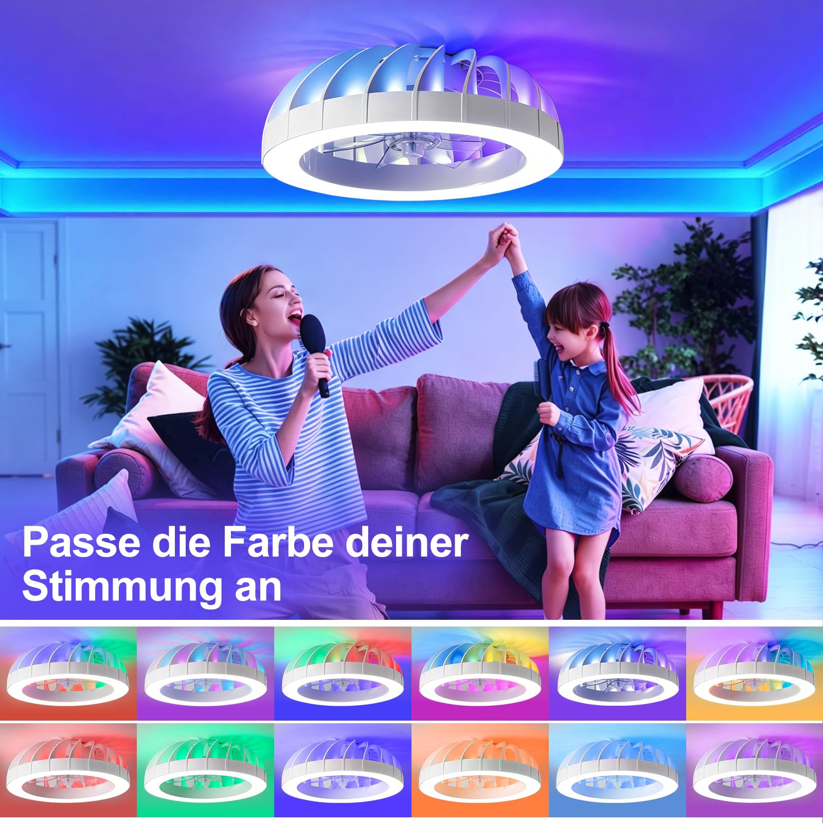 Deckenventilator mit Beleuchtung Leiser, 46CM RGB Deckenventilator mit licht und Fernbedienung, Dimmbar Deckenlampe mit Ventilator für Schlafzimmer, Wohnzimmer