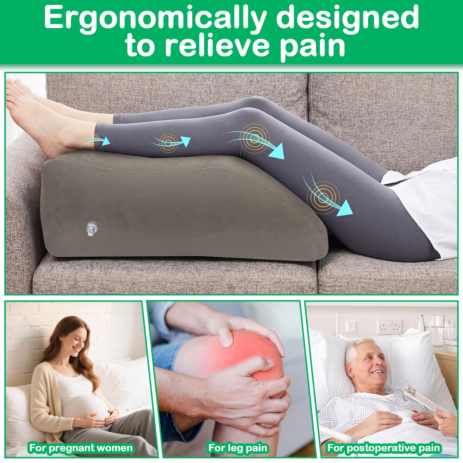 Cuscino Alza Gambe Gonfiabile per Tenere le Gambe Alte a Letto Cuscino a Cuneo per Dormire Riposo e Relax - Grigio
