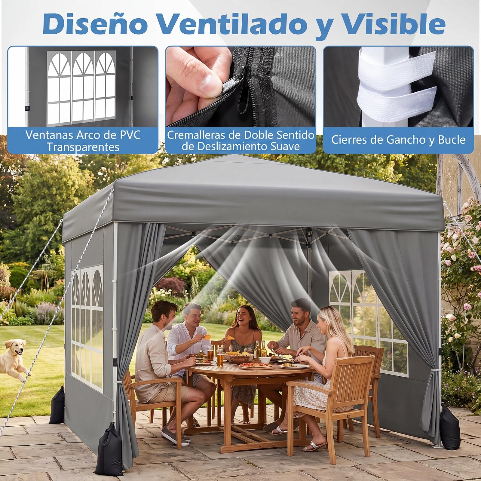 COSTWAY Carpa Plegable 3 x 3 m, Cenador Pabellón de Jardín con 4 Paredes Desmontables, 3 Alturas Ajustables, Botón Central, Marco de Acero al Carbono, Gazebo Pop-up para Exterior (Gris)