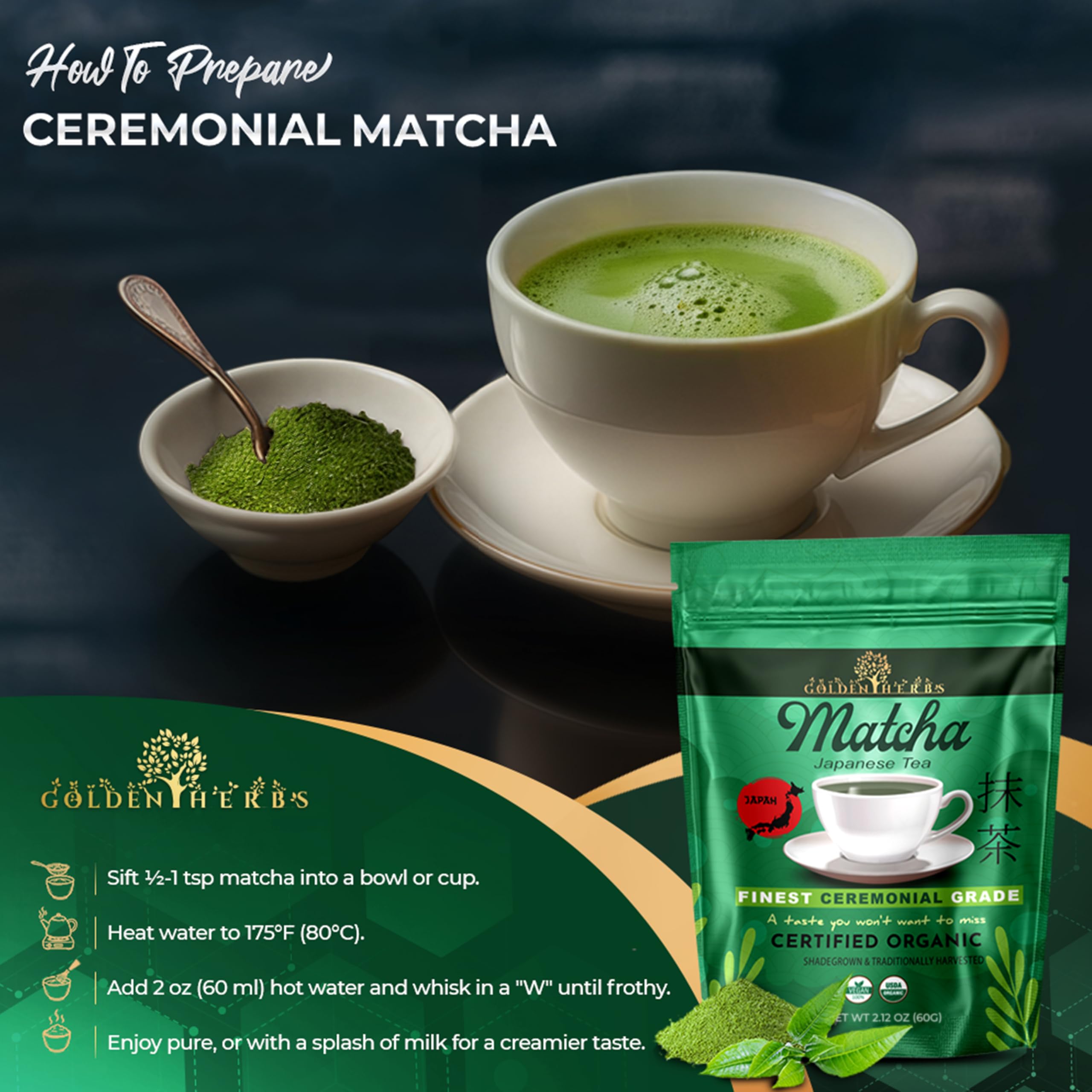 Golden Herbs Matcha Superior Ceremonial Blend Green Tea Powder from Uji Kyoto USDA Organic Gluten-Free Vegan 100 Pure — view 6