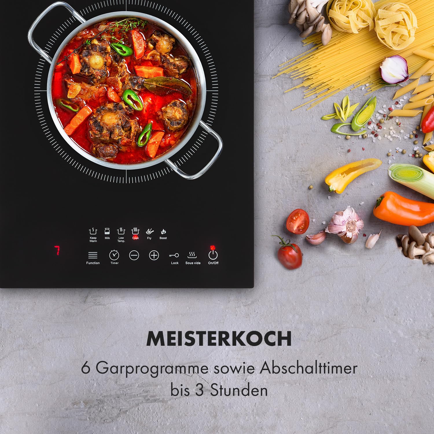 Klarstein Cook n Roll - Kochplatte Induktionskochfeld Einzelkochfeld, 2000W, Kochfeld: 26 cm Ø, 10 Temperaturstufen, 6 Garprogramme, SousVide-Funktion, HeatControl: inklusive Thermometer, schwarz
