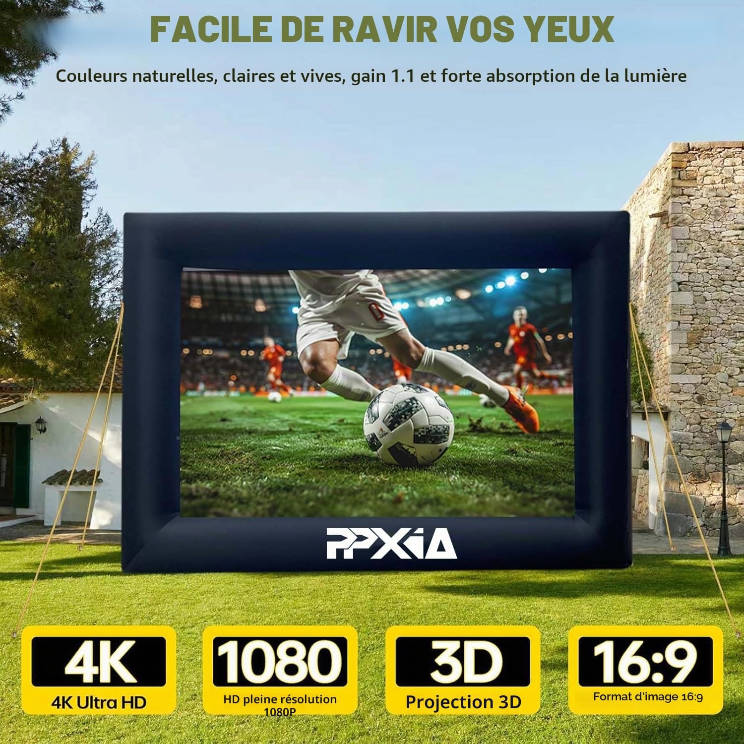 Écran de projection gonflable 24 FT avec support et ventilateur, projection avant et arrière, intérieur/extérieur, écran portable 16:9