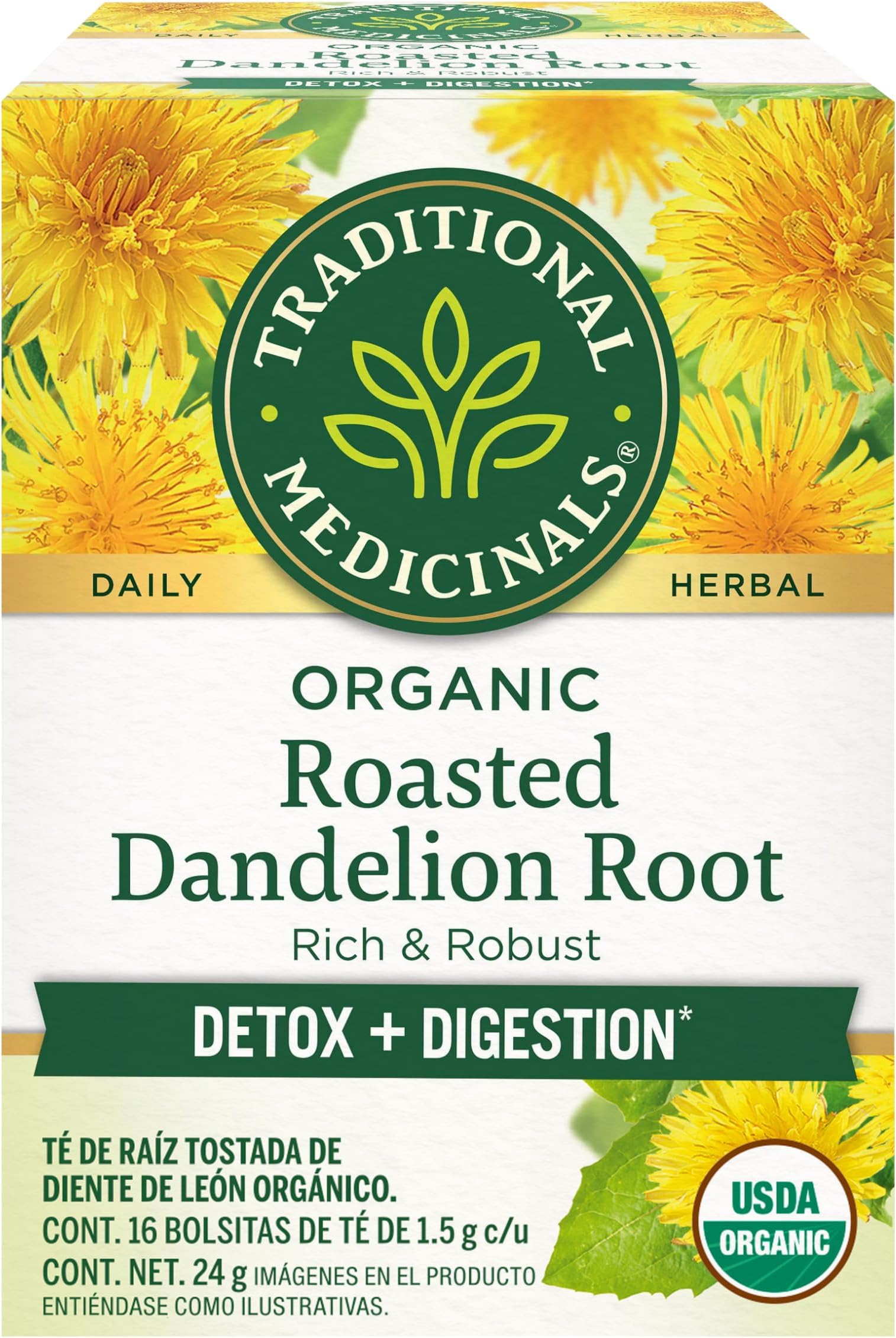 Traditional Medicinals Organic Roasted Dandelion Root Tea | 16 Tea Bags | Rich & Robust | Detox & Digestion | Caffeine Free | USDA Organic