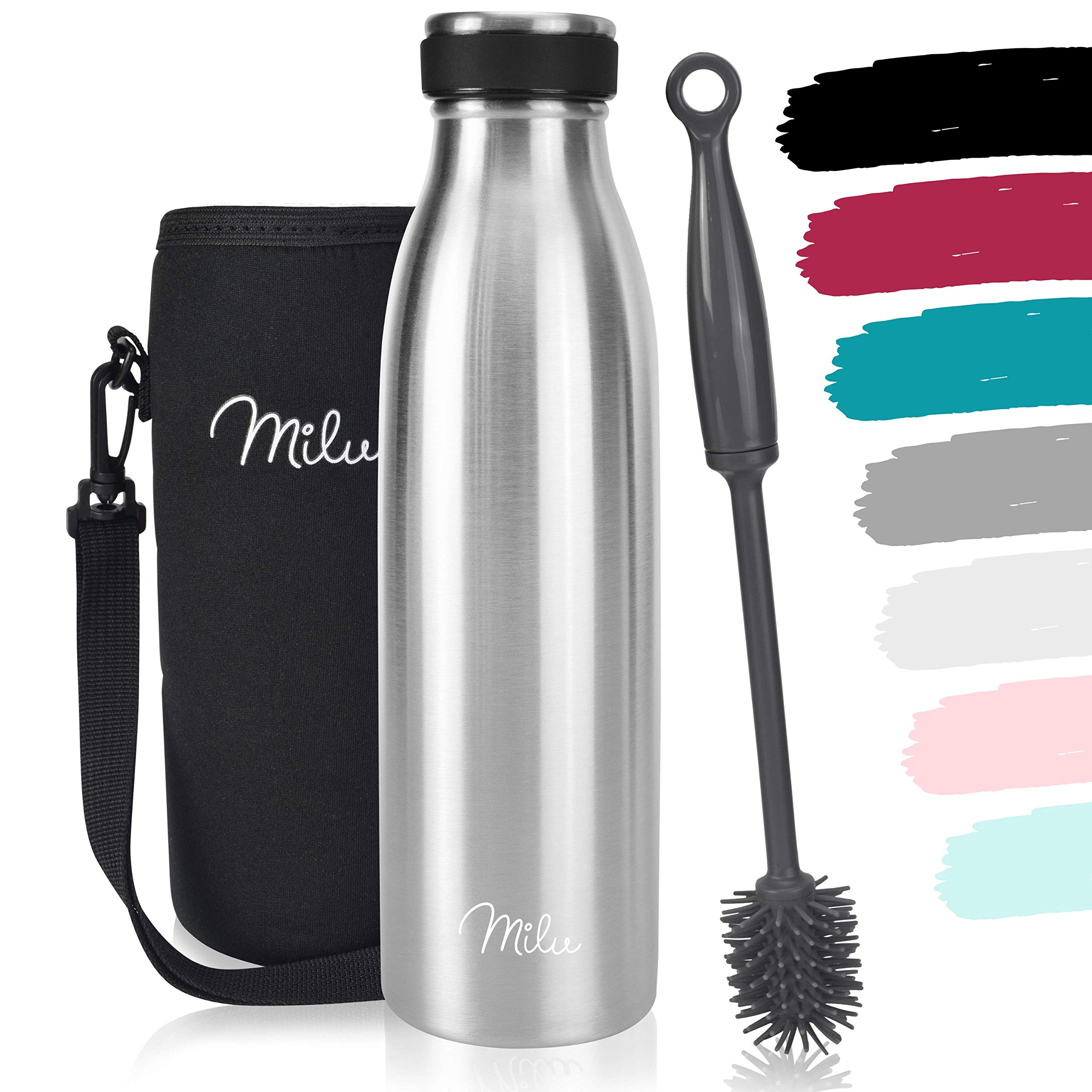 MiluInsulated Water Bottle - 17oz, 25oz, 33oz - Stainless Steel Sport Bottles, Vacuum Double Wall Metal Flask, For Hot, Cold & Carbonated Drinks (Stainless steel, 17oz (500ml))