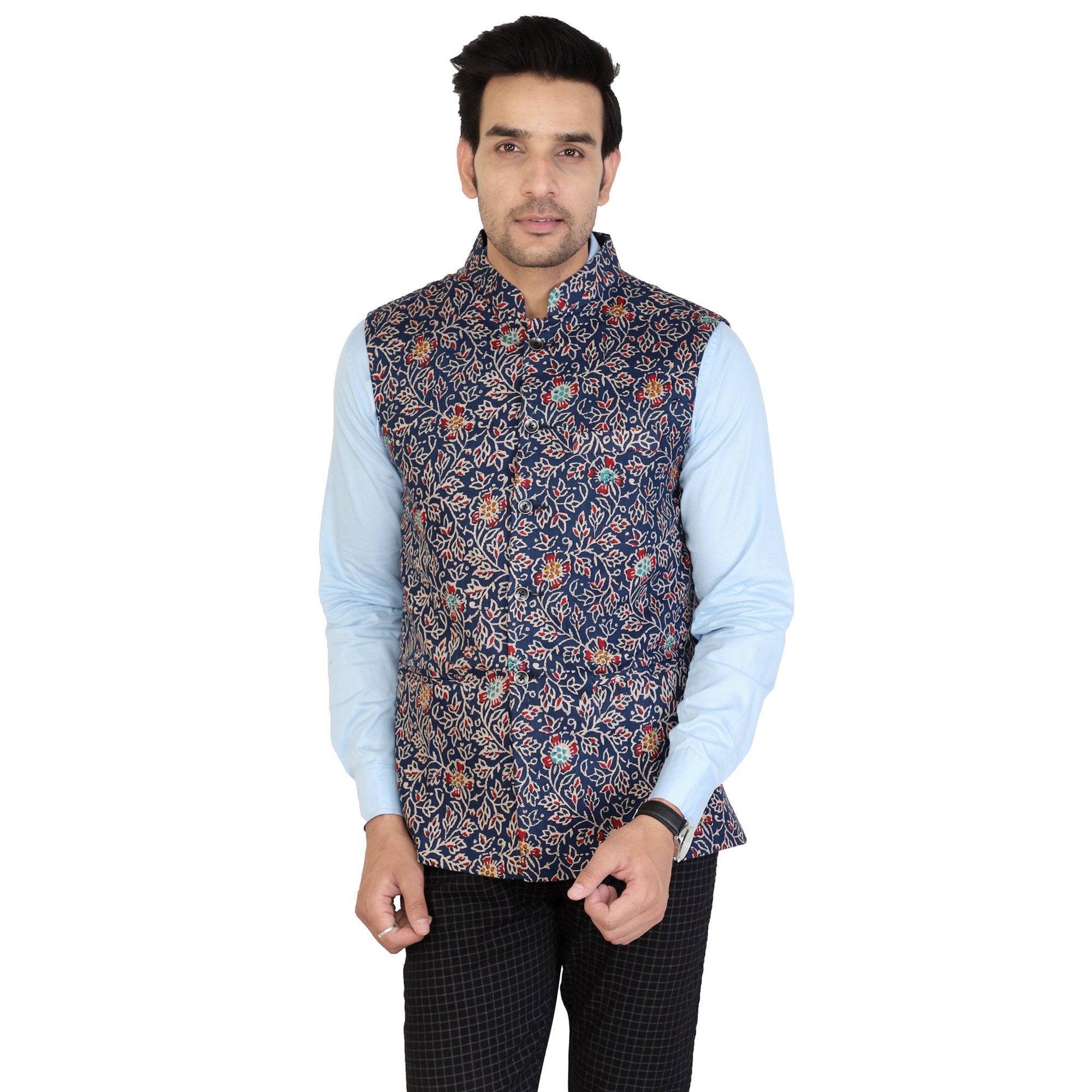 oshano Men's Cotton Printed Waistcoat (Blue)-picture-23