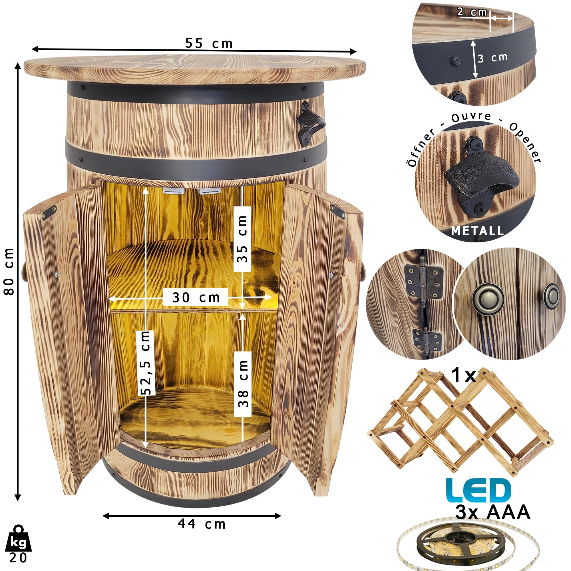 weeco Holzfass mit großer Ablagefläche und LED-Beleuchtung sowie klappbarem Weinregal für Zuhause und Gastronomie, Flaschenschrank für Alkohol, Flambiertes Holz 80x55x44 cm