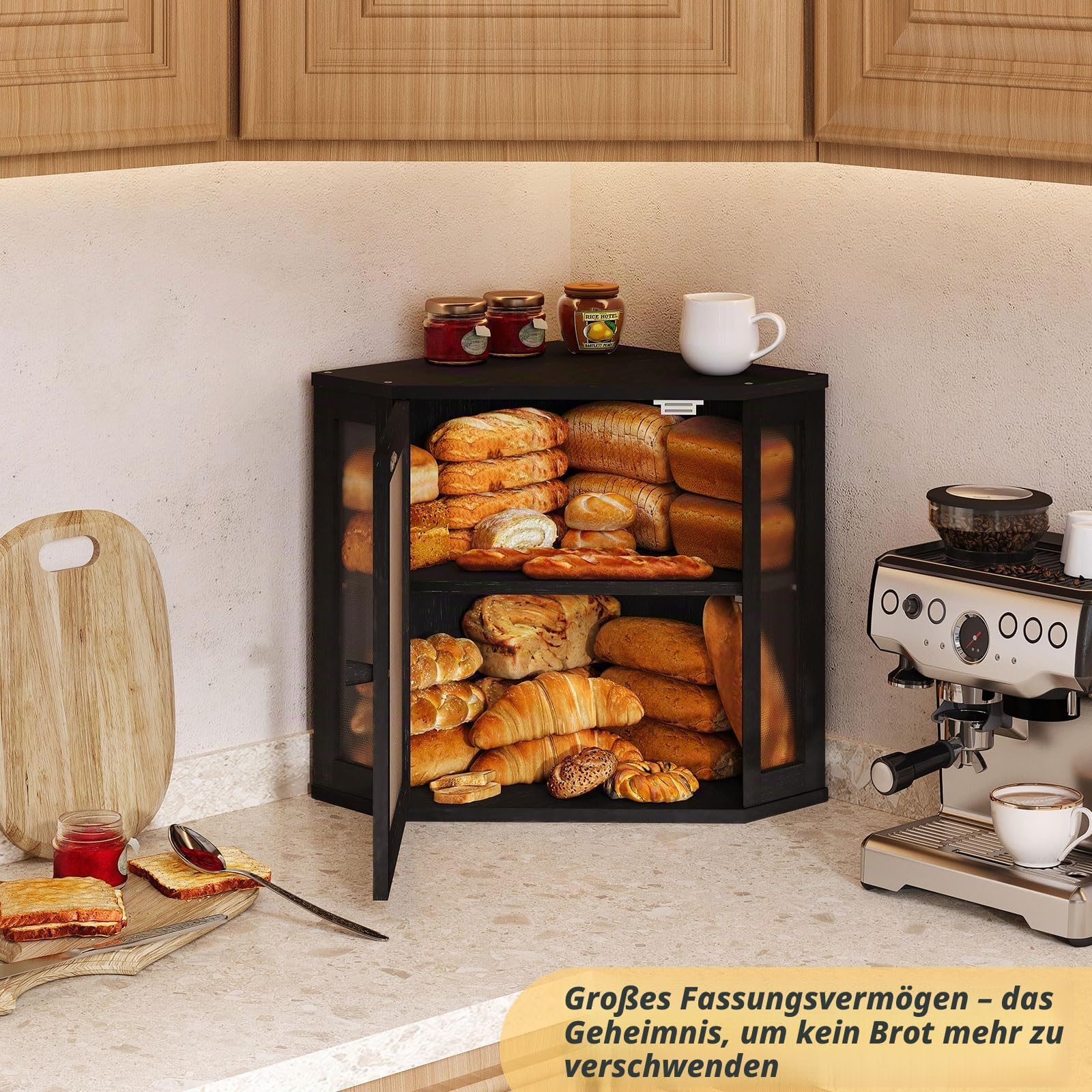 Eckbrotkasten für Küchenarbeitsplatte, Brotaufbewahrung für hausgemachtes Brot, großer zweischichtiger Bambus-Küchen-Aufbewahrungsbehälter mit Fenster (Schwarz, Medium)