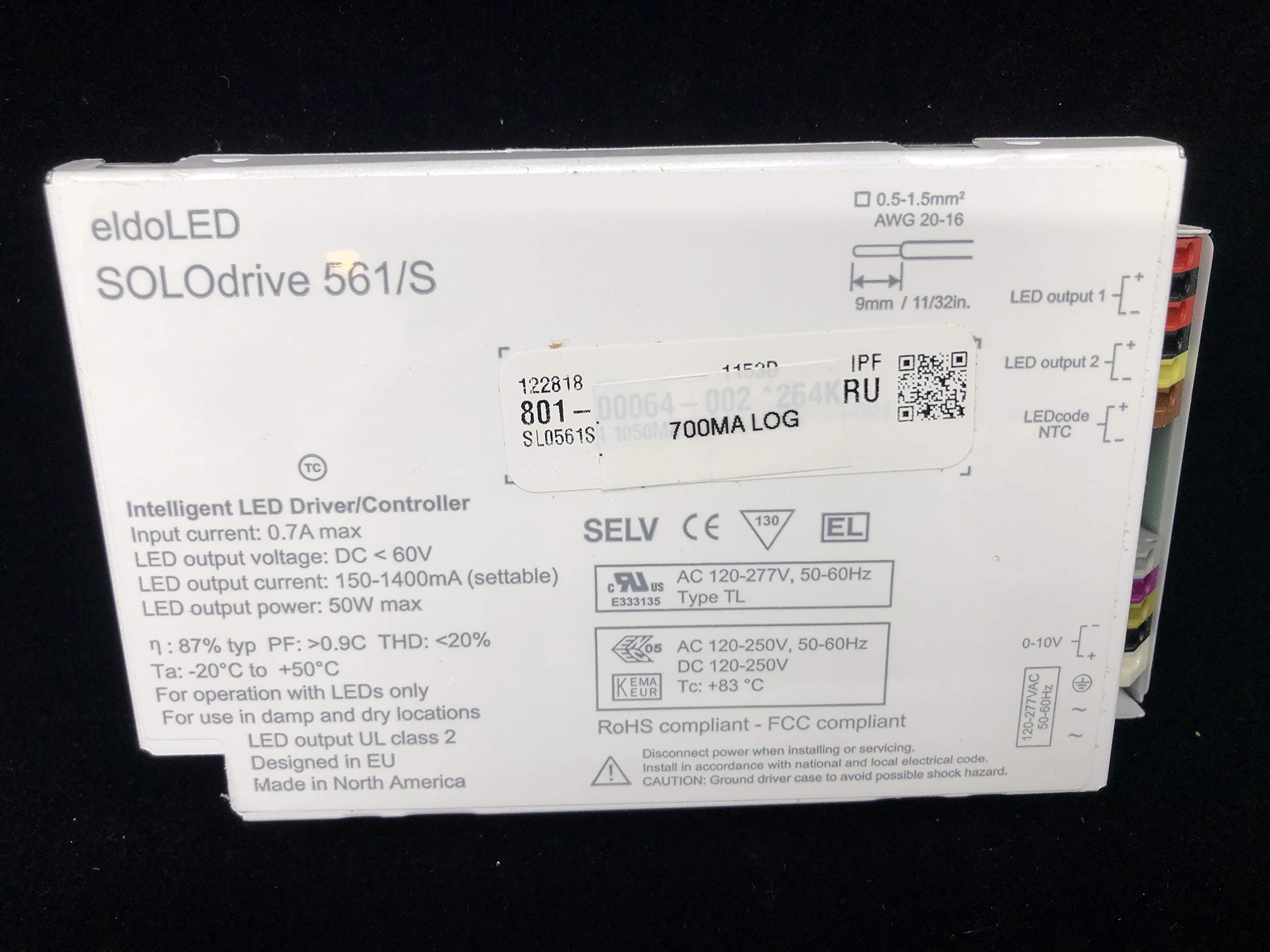 Eldoled SL0561S, SOLOdrive AC, 50W, 0-10V, 1 control channel, constant current, 2x 55V output, side feed, square metal, SL0561S 700MA LOG