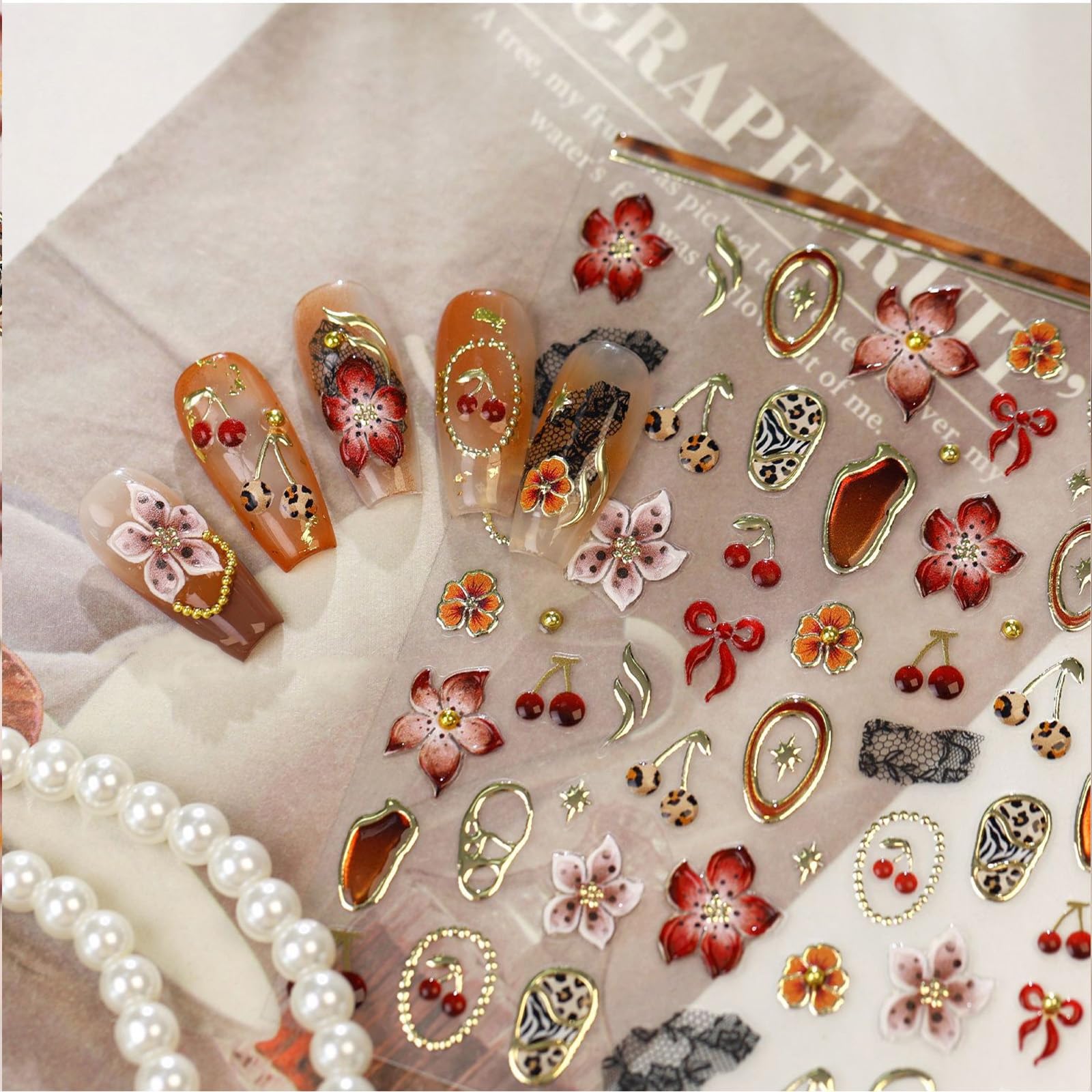 Flower Nail Stickers for Nail Art Cherry Nail Decals Red Nail Art Stickers