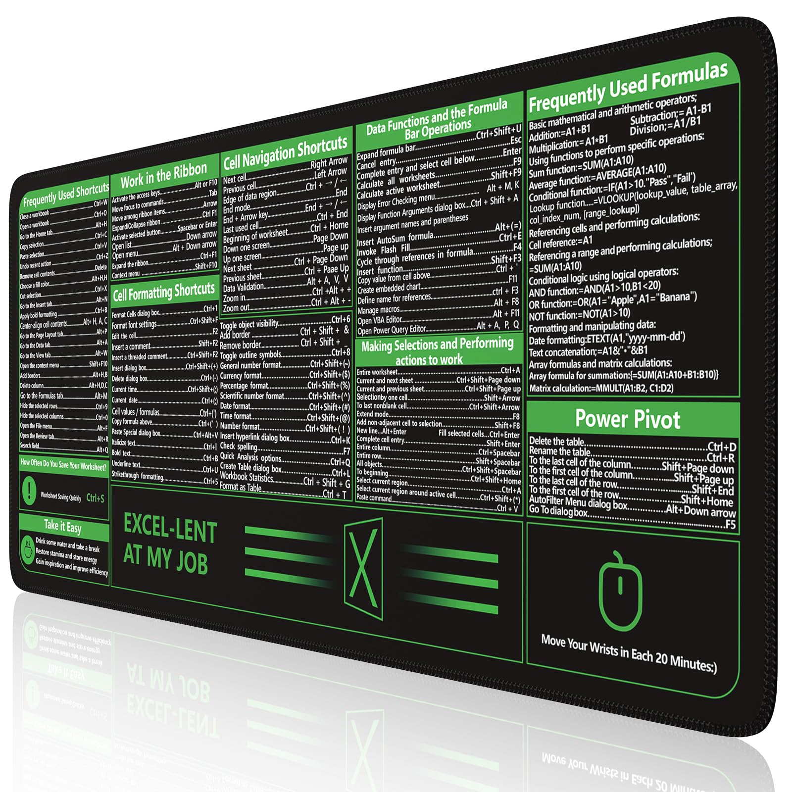 iCasso Excel Cheat Sheet Desk Pad, Excel Mouse Pad Shortcuts, Excell Short Cut Desk Mat, Extended Large XXL Non-Slip Exel Mousepad with Stitched Edges for Computer Keyboard