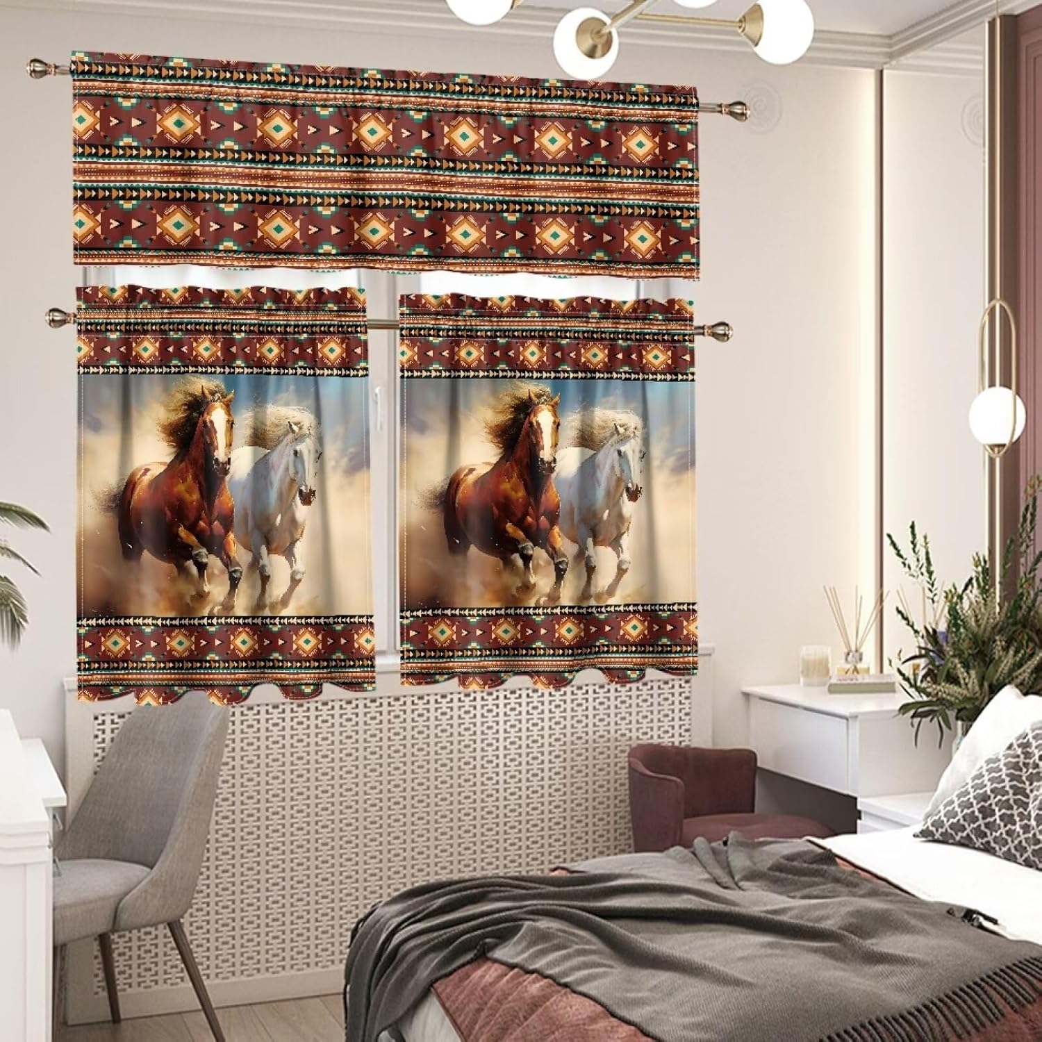 ZFRXIGN Southwestern Horse Curtain and Valances Set 3 Piece Kitchen Decor Valances for Windows Valance Aztec Curtain Valance Turquoise Blackout Drape Short Cafe Curtains 54" Indian Style Brown