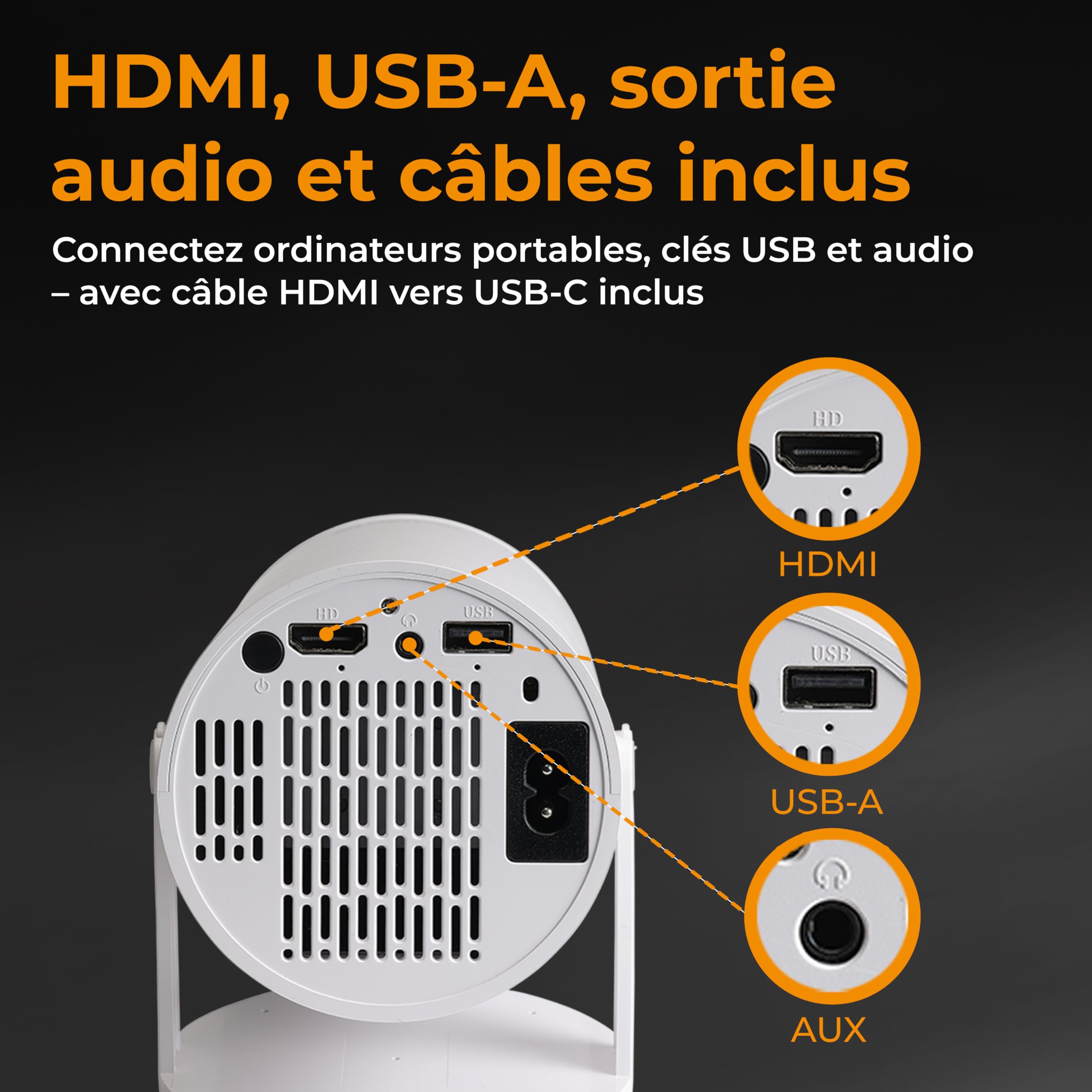 Denver PR-2500 Vidéoprojecteur Full HD 1080p, 175 ANSI lumens, HDMI, USB-A, tête rotative 180°, Projection Jusqu’à 170 Pouces
