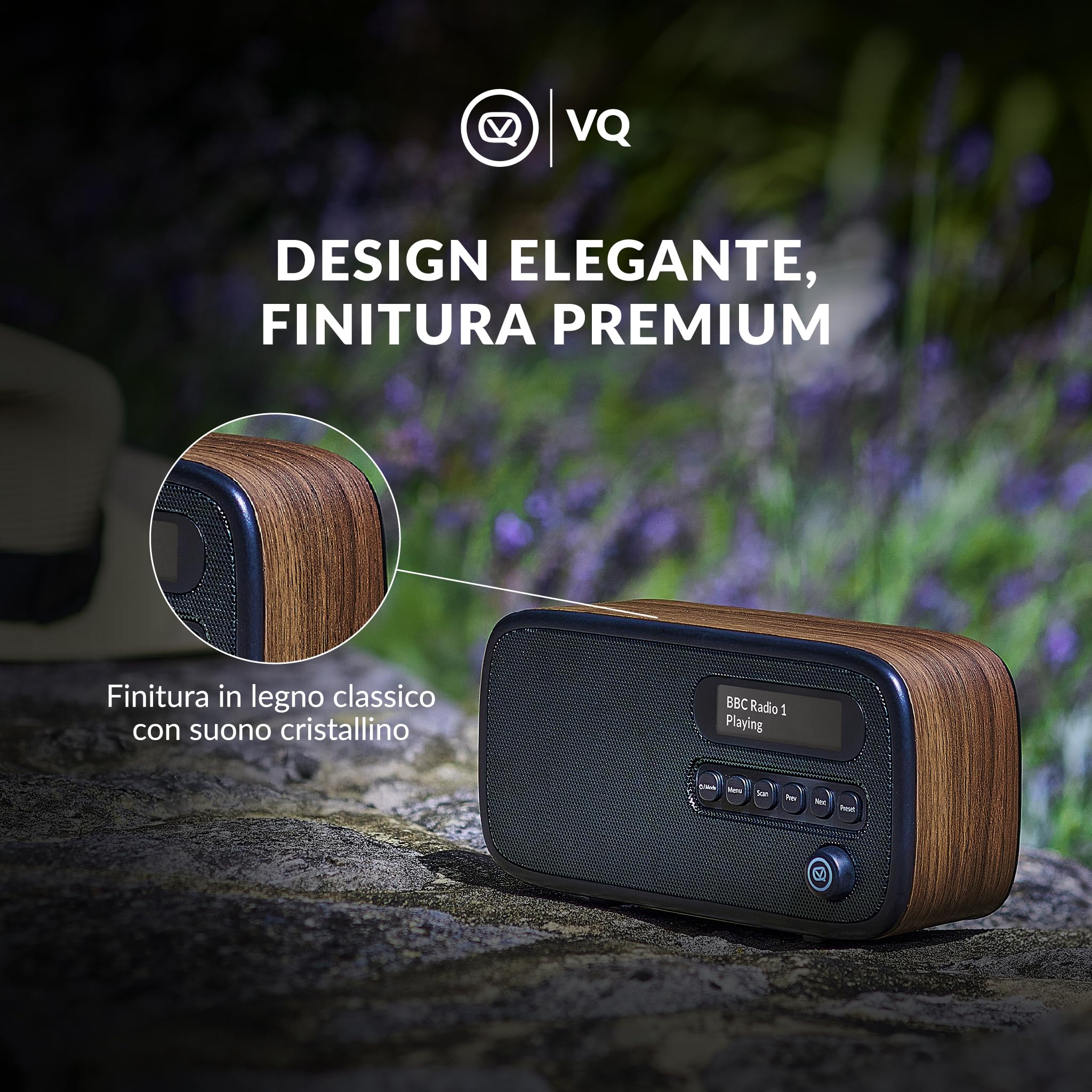 VQ Dexter Radio DAB Plus/DAB con FM, Altoparlanti Stereo da 3W e Schermo LCD - Alimentata da Rete e Batteria, Radiolina Portatile con 60 Preselezioni, Antenna e Presa Cuffie - Noce