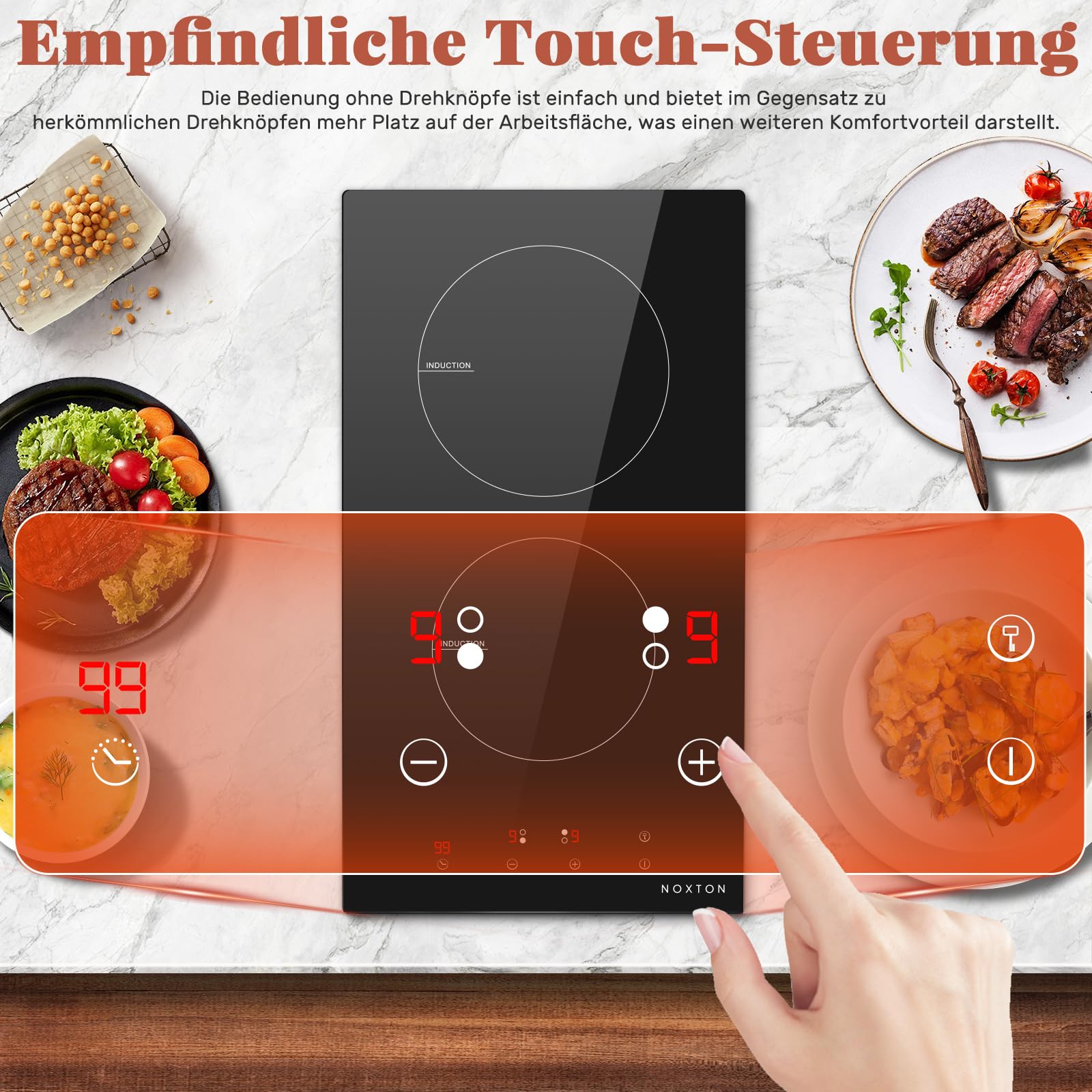 Domino Induktionskochfeld 2 Platten, Induktionskochplatte Doppelt, 3500W | Kochfeld 2 Platten Induktion Einbau mit Stecker, Touch-Steuerung, 9 Heizstufen, Timer, Kindersicherung, 220-240V