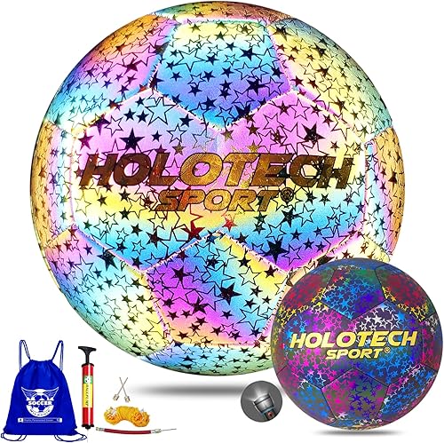 Balón de fútbol holográfico reflectante, pelota de fútbol de piel sintética brillante, se ilumina en el flash de la cámara para juegos nocturnos, disponible en Yaxa Costa Rica