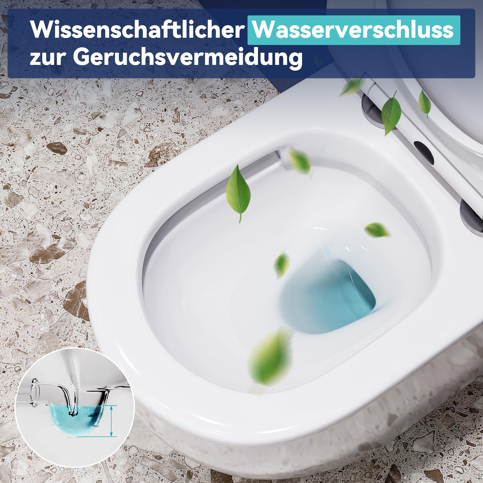 Cuvette WC Suspendu sans Rebord avec Charniere Abattant Soft-Close - Toilette Suspendu en Céramique Blanc - Chasse d'Eau Directe et sans Bordure - Lunette WC Amovible avec Fermeture en Douceur