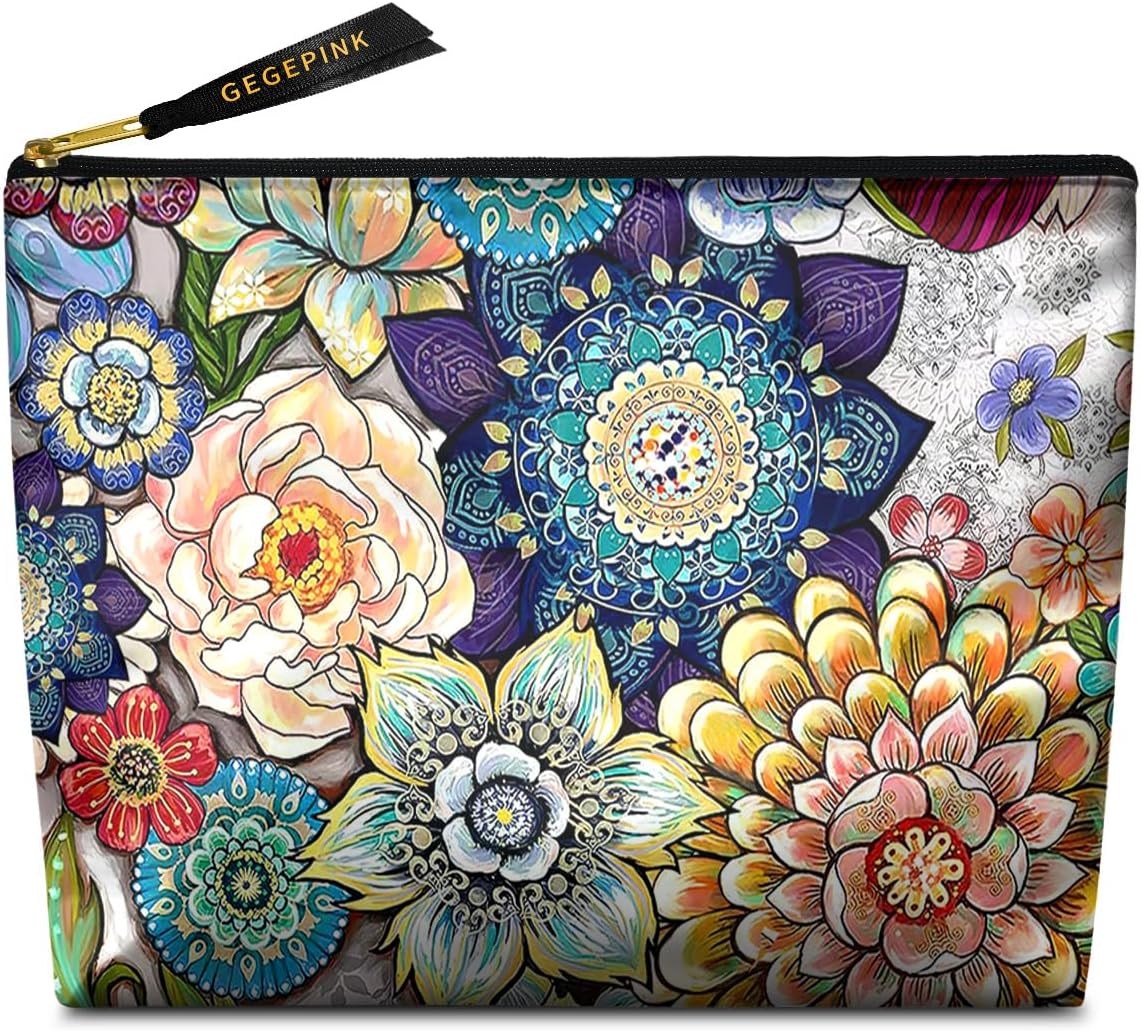 Cute Makeup Bag for Purse Waterproof Cosmetic Bags for Women Funny Smooth Zipper Travel Toiletry Pouch 10X8 Inches-Boho Floral Makeup pouch