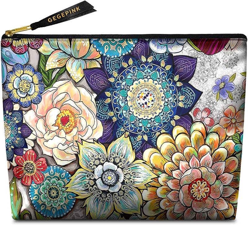 Necessaire de maquiagem GEGEPINK com zíper, poliéster, estampa Boho Floral, 25,4 x 20,32 x 1,27 cm