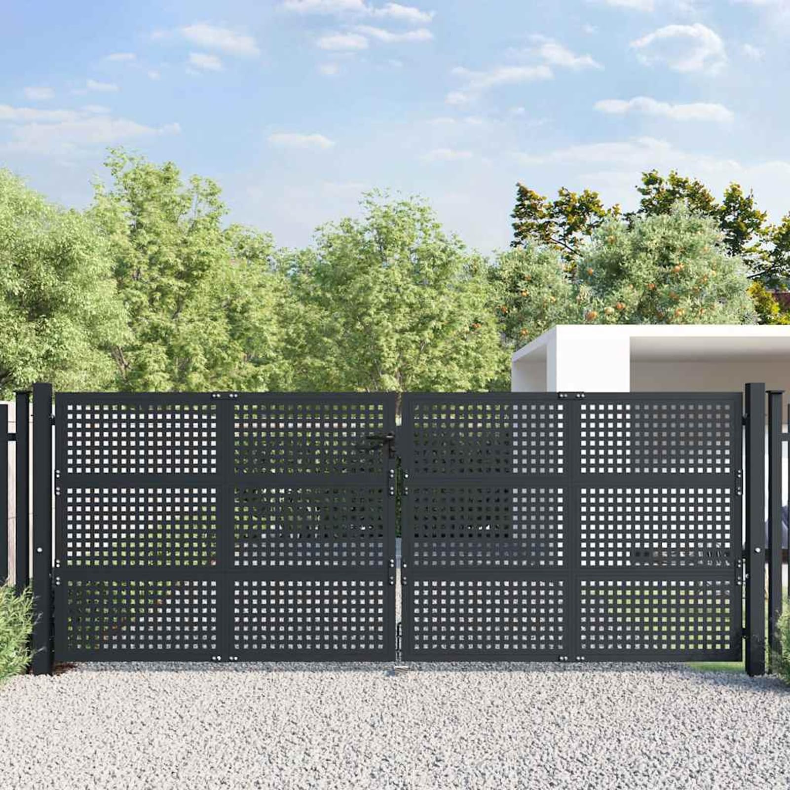 Brama ogrodowa ze stali, szerokość 400 cm x wysokość 175 cm, antracytowa, dwuskrzydłowa, zamykana, stabilna rama z siatki drucianej do użytku na zewnątrz
