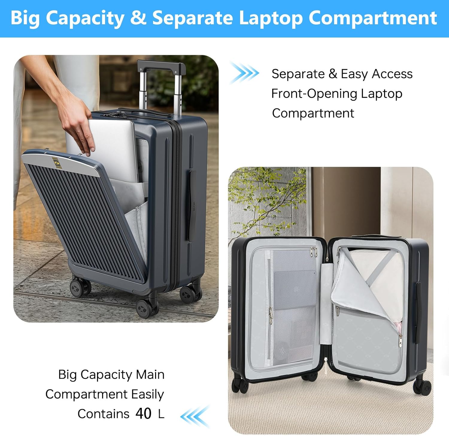 MGB Carry on Luggage 22x14x9 Airline Approved, Durable PC Hardside Suitcase with TSA Lock for Business Trip, 20 Inch Carry-on Luggage, USB Port & 360°Spinner Wheels (Front Pocket, Dark Grey)