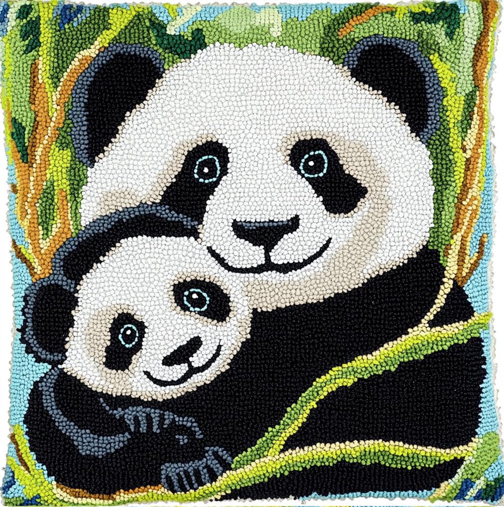 Rqwybcaxn Latch Hook Kits for Adults -Panda Mom Baby Pattern Latch Hook Pillow Kits for Kids, Crochet Yarn Kit for Beginners, DIY Needlework Crafts Cover Case with Printed Canvas 17X17Inch