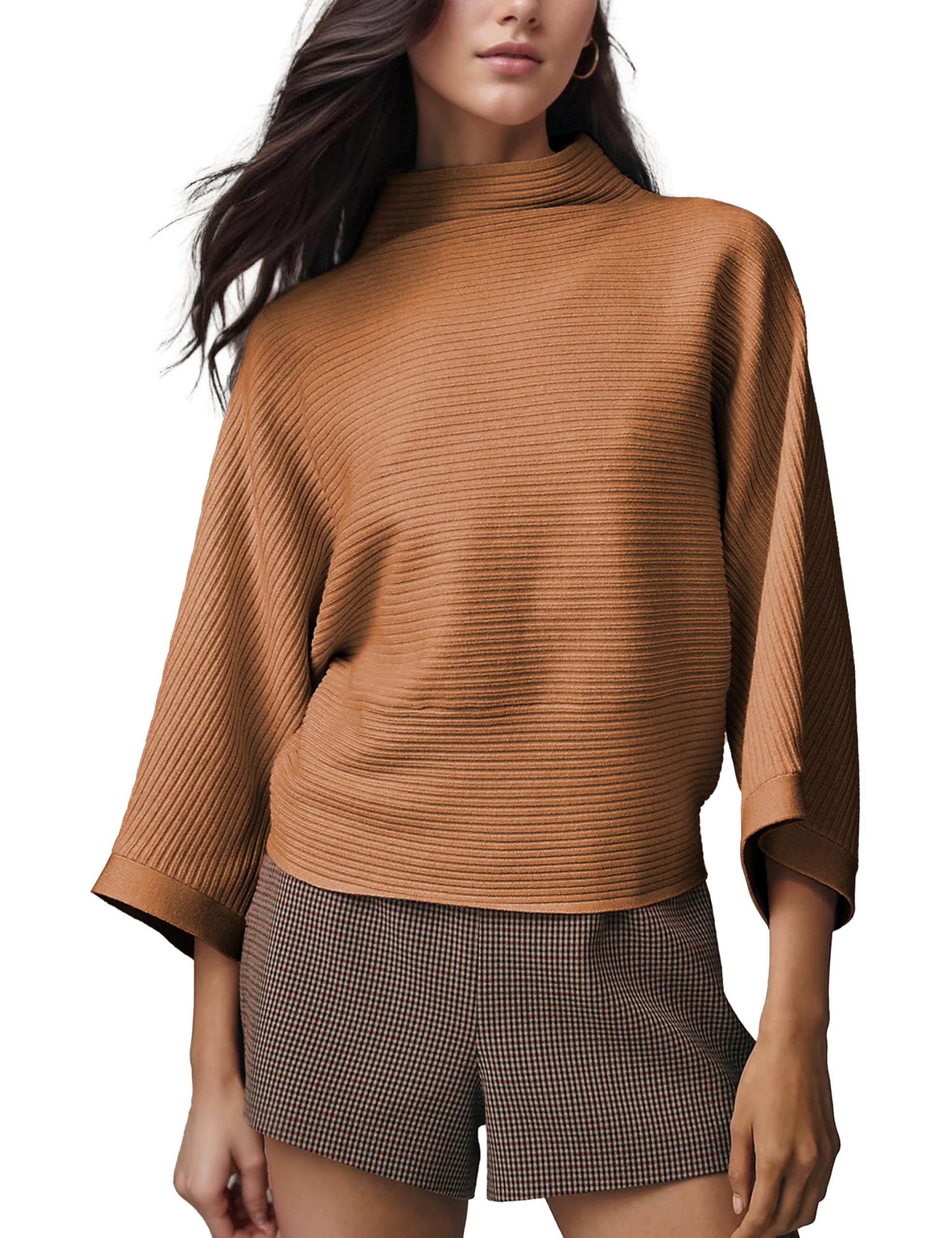 Womens Mock Neck Pullover Sweater Casual Wide Sleeve Ribbed Knitted Top Oversized Fall Sweater Shirts