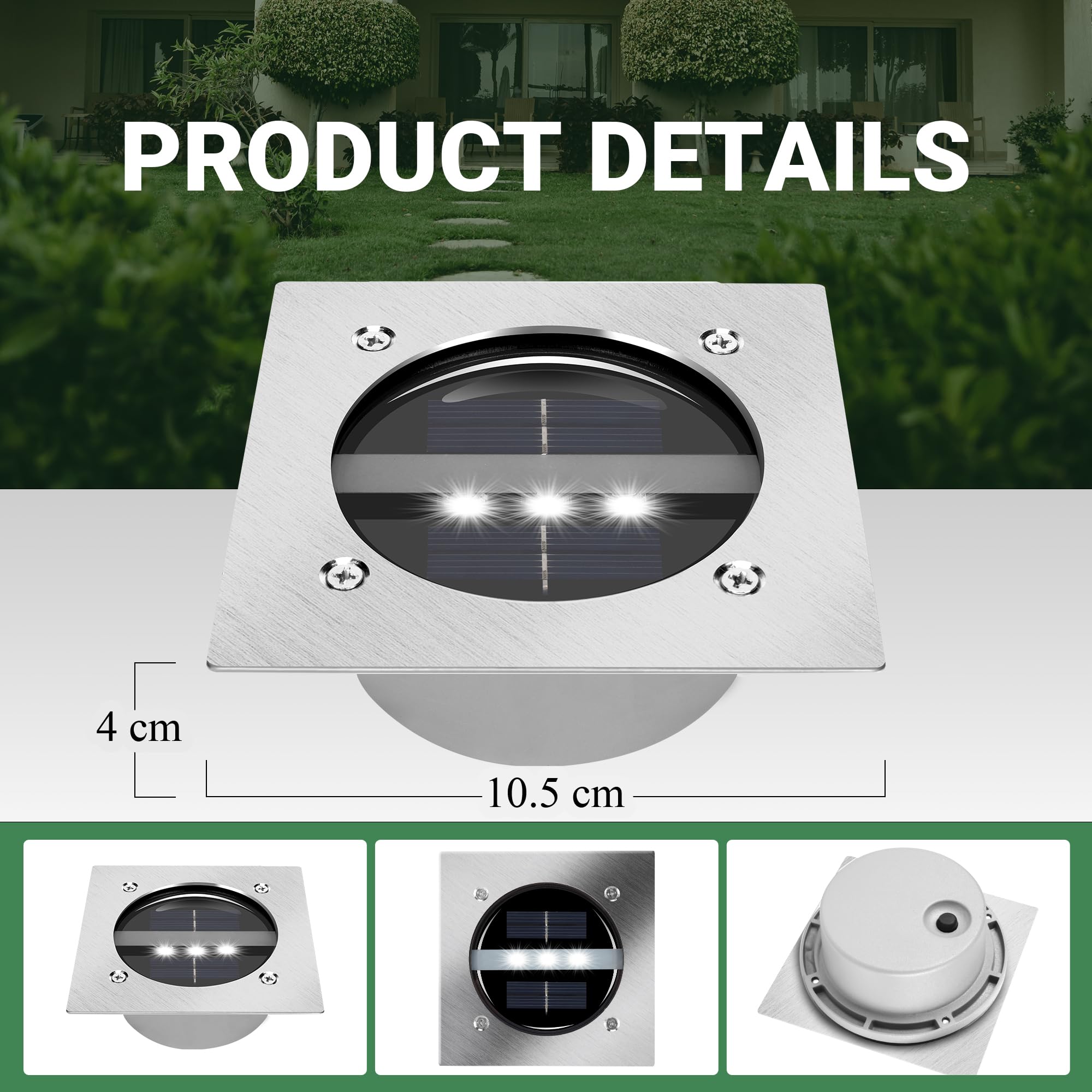 TOSHIN 4 Stück Solar Bodenleuchten Solarleuchte für Außen, 3 LED Solarlampen für Garten, Rasen, Gehweg, Patio, Auffahrt, Wasserdichte Gartendekoration Lampe, Kalteweiß, Eckig
