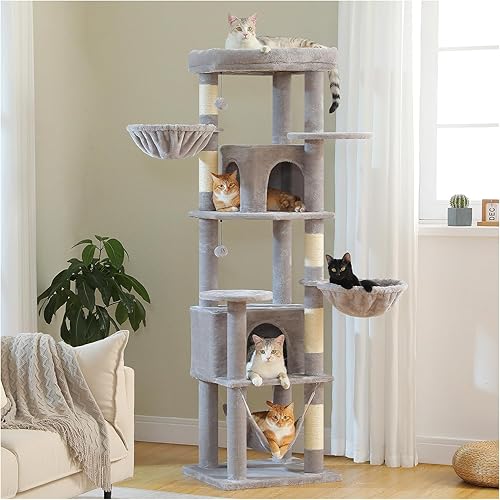Miniatura 7 de PAWZ Road Torre alta para gatos, árbol para gatos de 70 pulgadas con hamaca, 5 postes rascadores, 2 condominios y una gran percha superior para