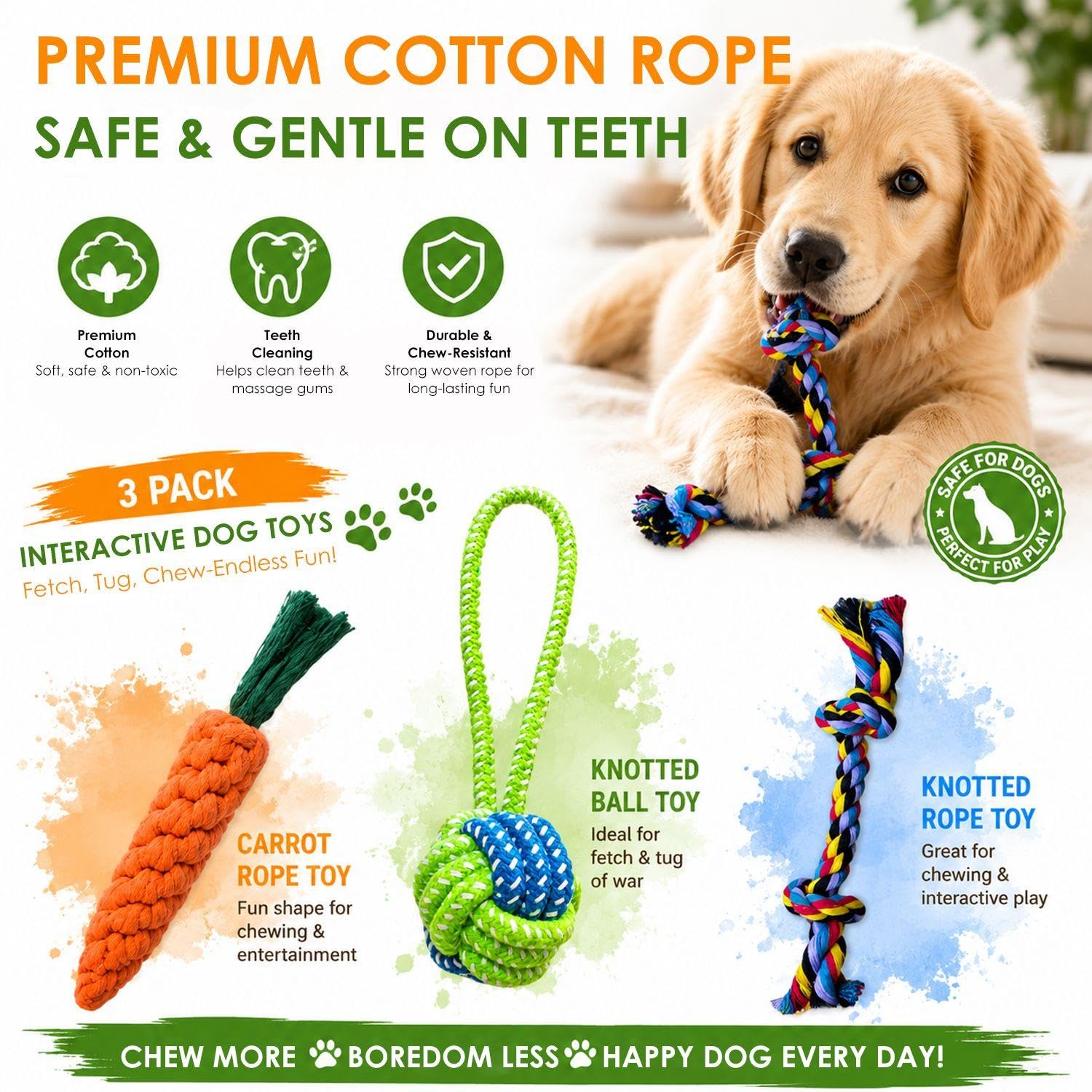 3 Pezzi di Corda per Cani, Resistente A Mordere E Digrignare I Denti, Non Facile da Rompere, Adatto per L'Uso Quotidiano di Cani di Diverse Dimensioni.