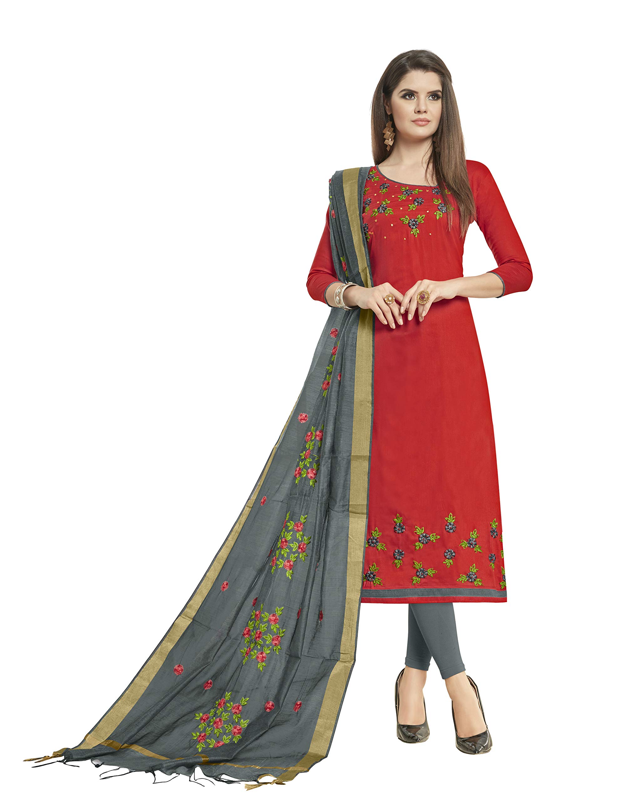 DnVeens Women's Unstitched Cotton Slub Heavy Dupatta Salwar Suit Dress Material (BLOSSOM7002; Red; Grey; Free Size)
