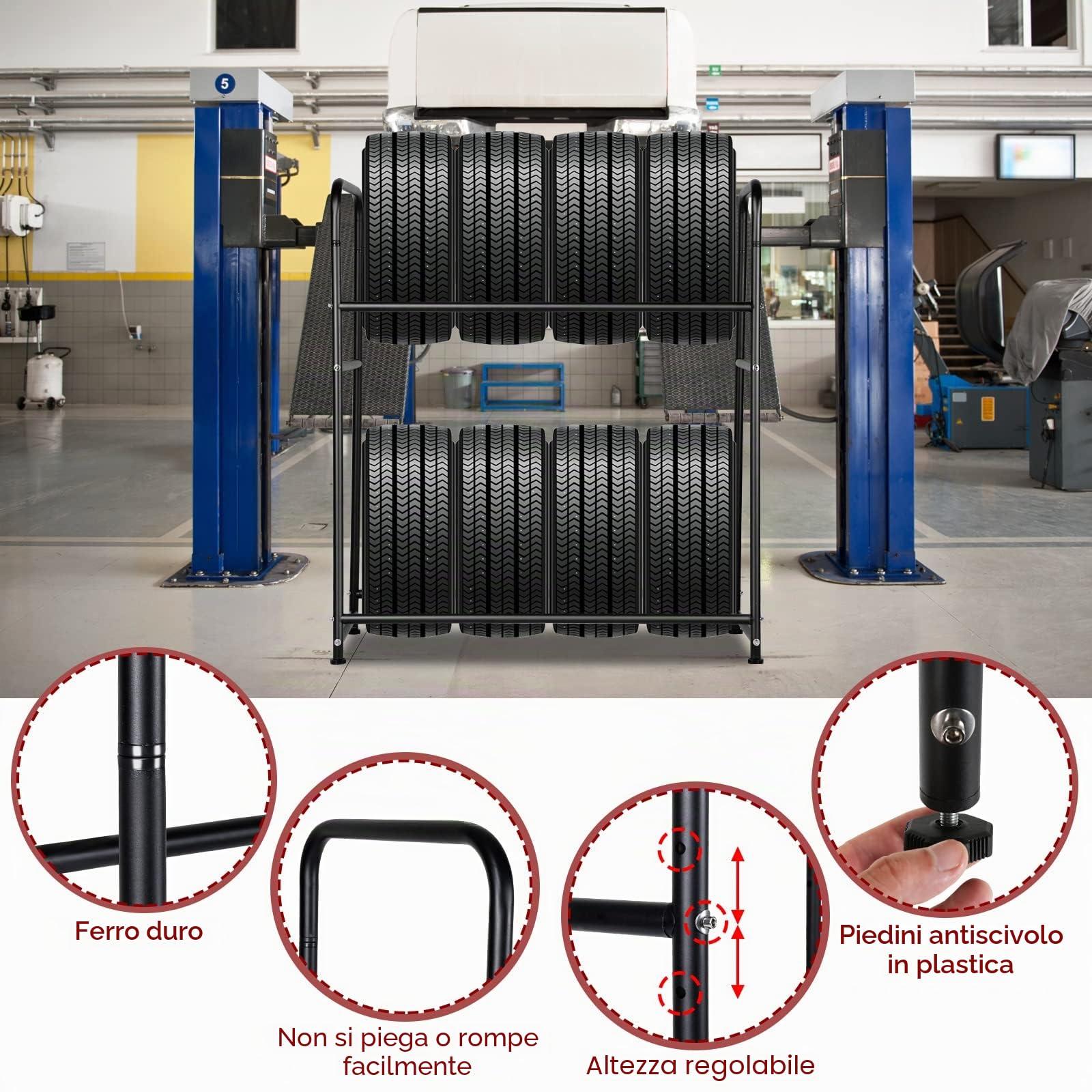 Supporto per 8 Pneumatici, Supporto per Gomme 107 x 46 x 117 cm, Supporto per Cerchi per Pneumatici Auto, Capacità di Carico 180 kg, Supporto per Cerchi con Copertura Protettiva, Regolabile in