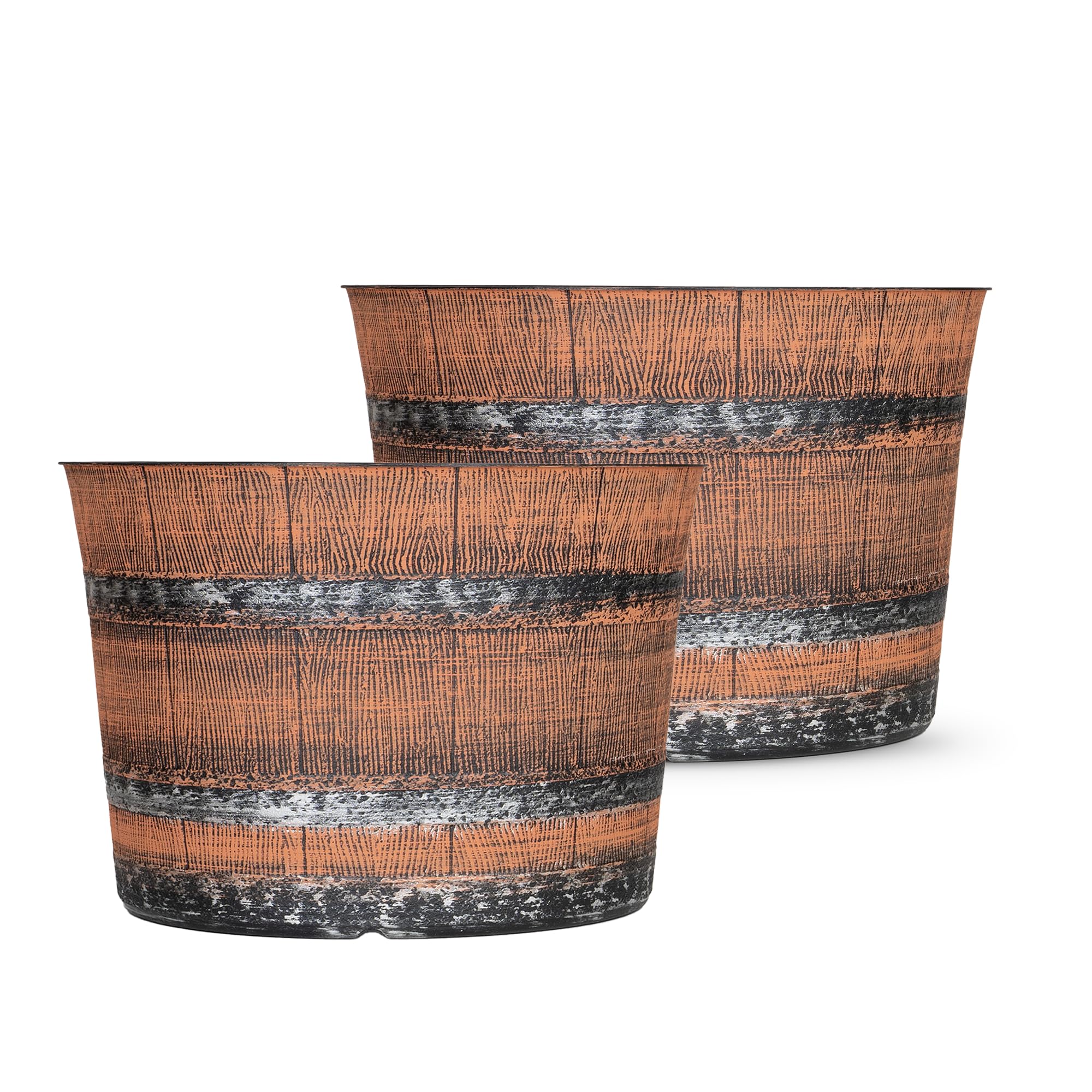 SG Traders Round Plastic Whisky Barrel Garden Pot Flower Pots Planter Tub Patio Pot Outdoor Traditional Barrel Brown with Silver Bands Garden Plant Pot Outdoors with Drainage Holes (Pack of 2)