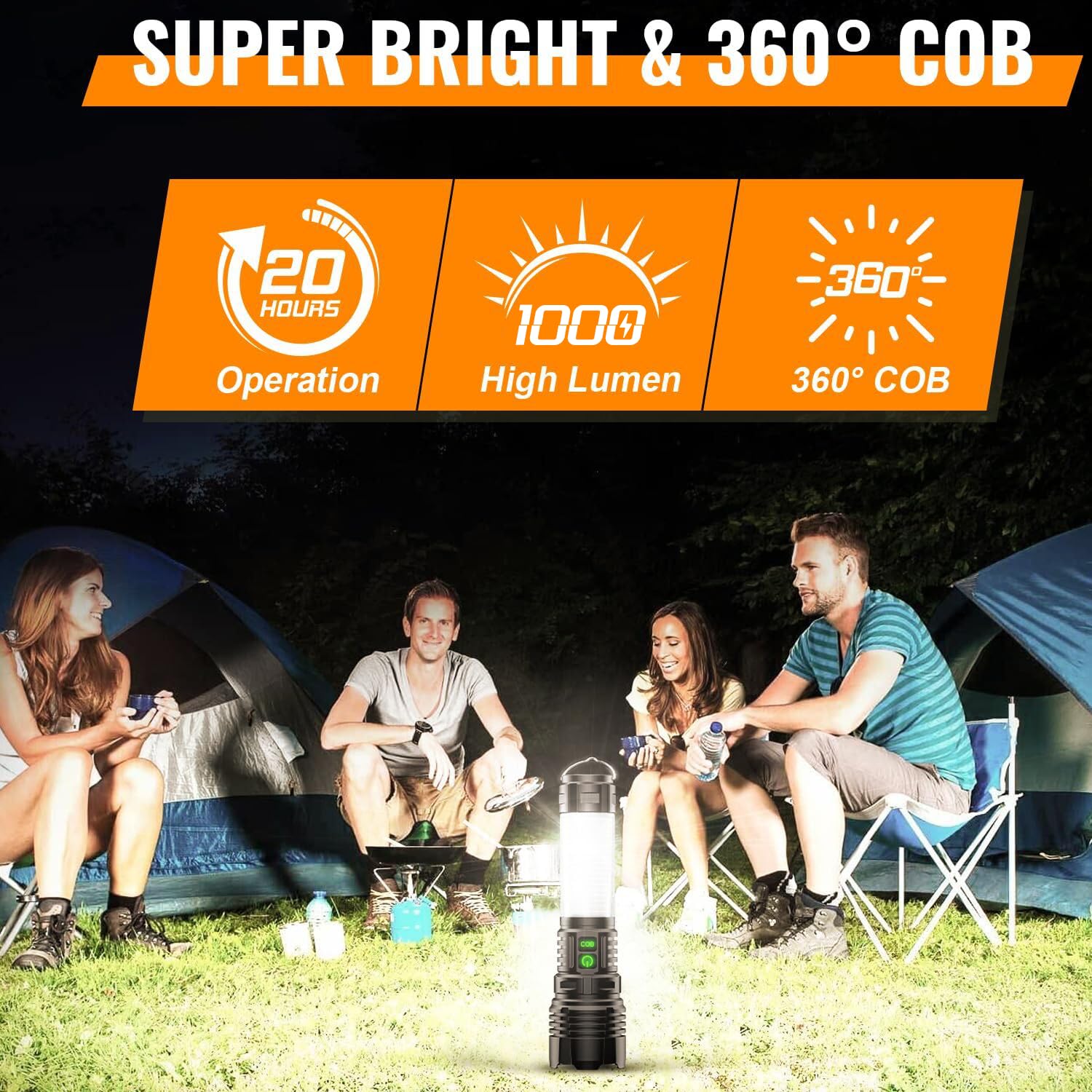Lanterne da campeggio torcia ricaricabile ad alto lumen- 2000 metri fascio di luce LED super luminosa, impermeabile tenda da campeggio luci 5 modalità, torcia portatile zoomabile, 4 pezzi