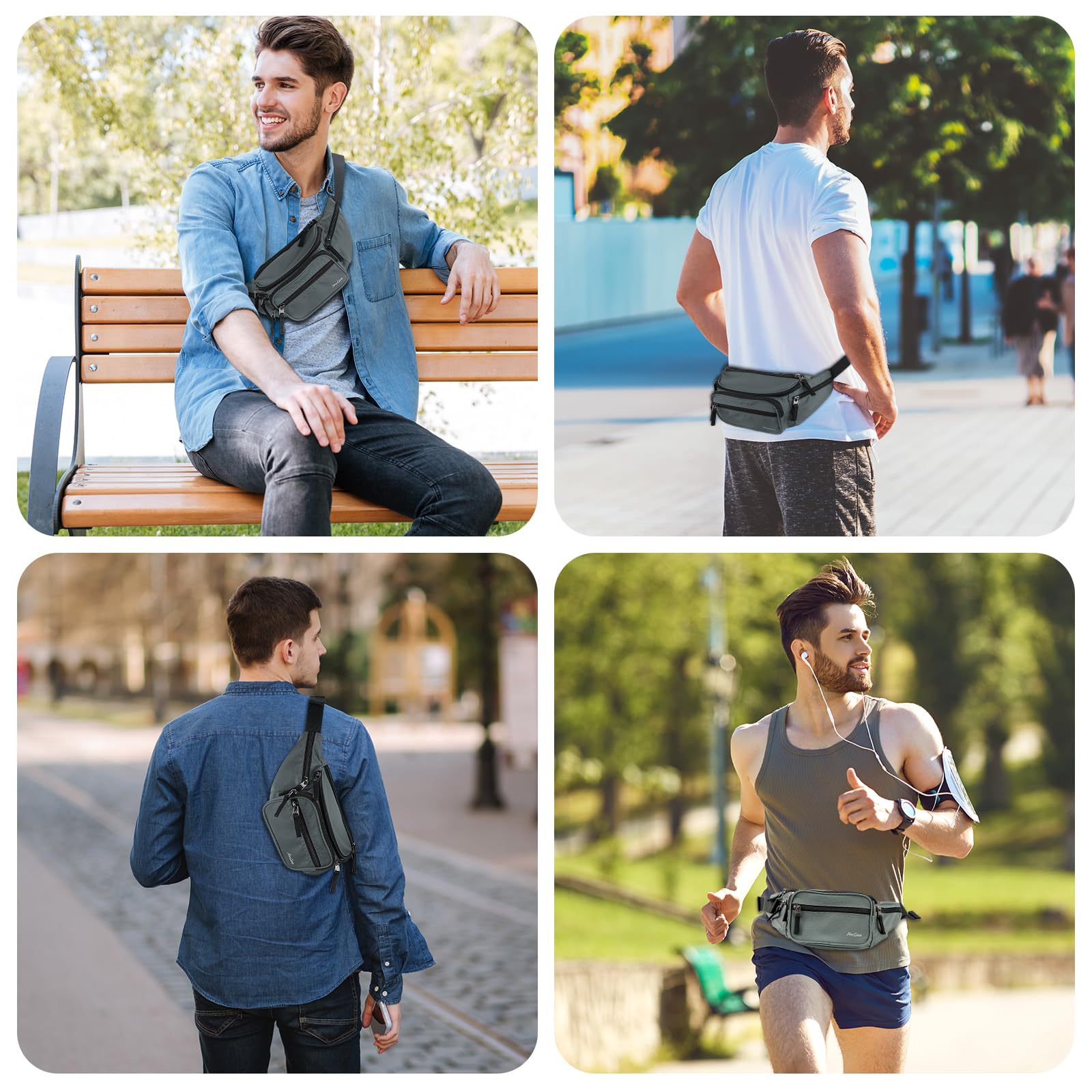 ProCase Marsupio Nero con 6 Tasche, Marsupio per Uomo e Donna Lavoro Sportivo Viaggio Trekking, Fanny Pack Bag in Nylon con Cinturino Regolabile e Fibbia a Sgancio Rapido -Grigio M